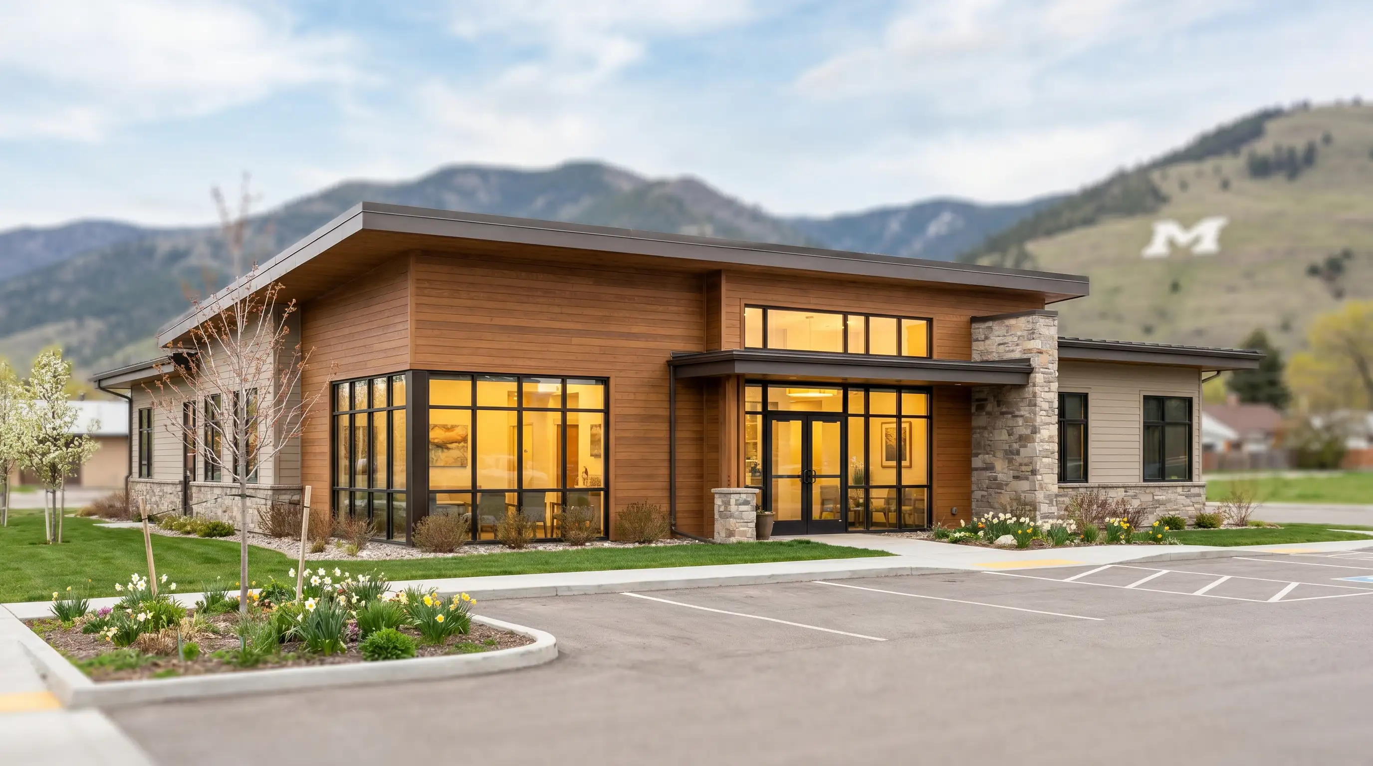 Professional dental office interior in Missoula, MT with mountain view through window