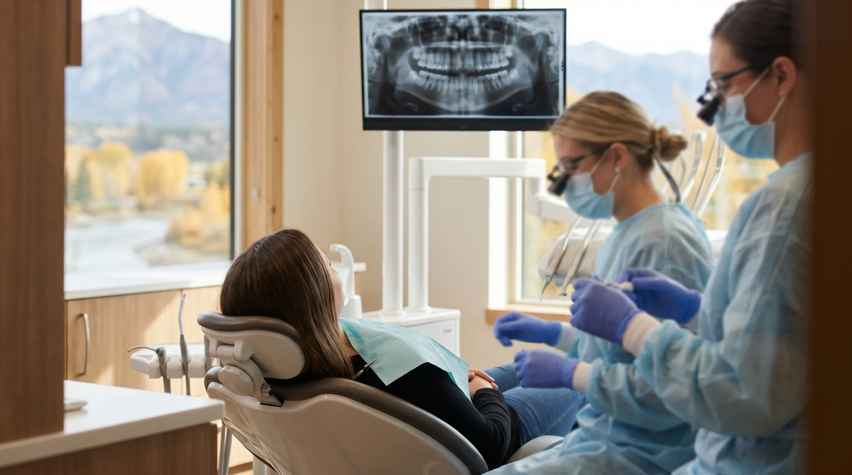 Professional dental office interior in Missoula, MT with mountain view through window