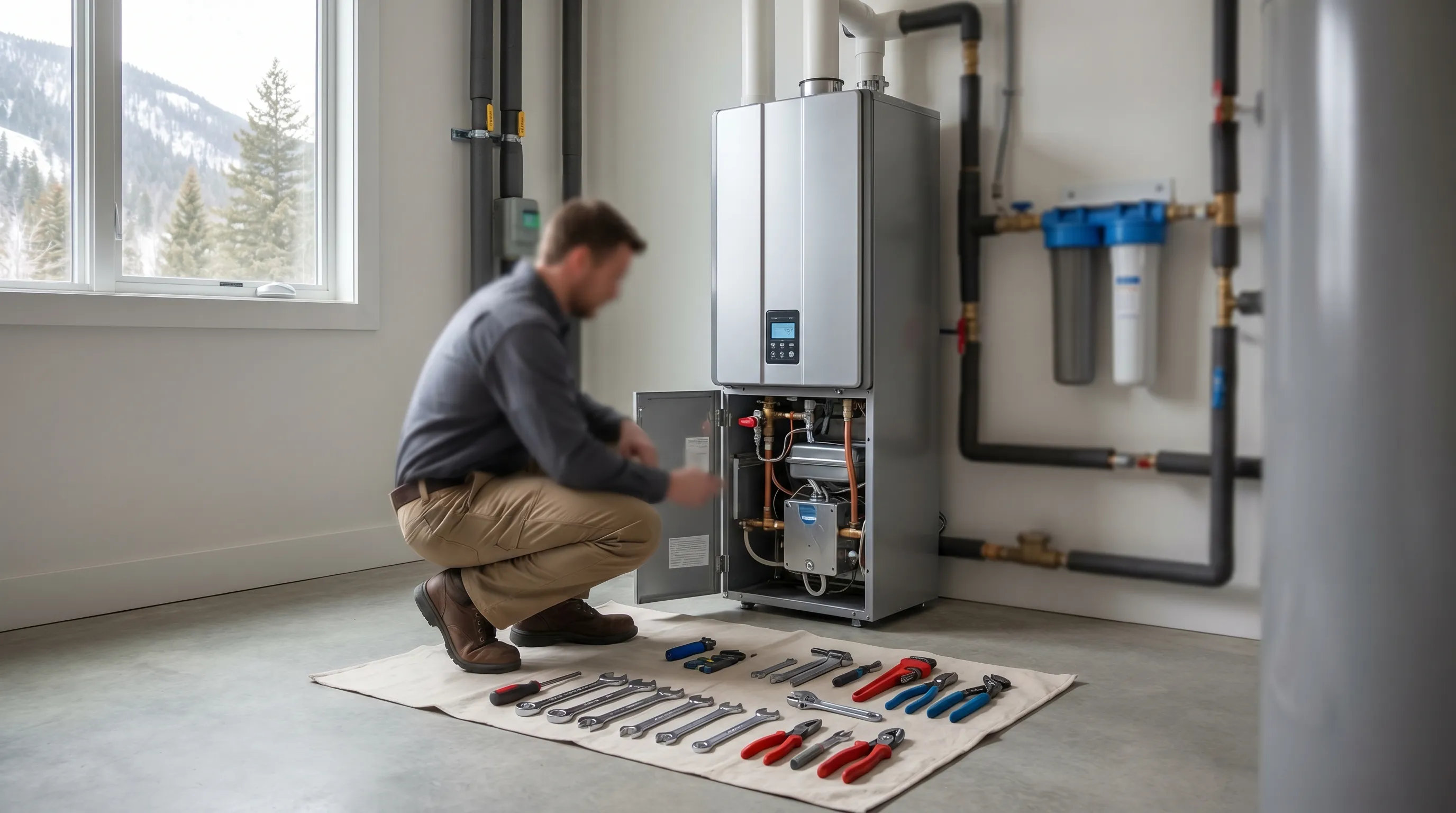Professional plumber installing a water heater in a Missoula, MT home utility room
