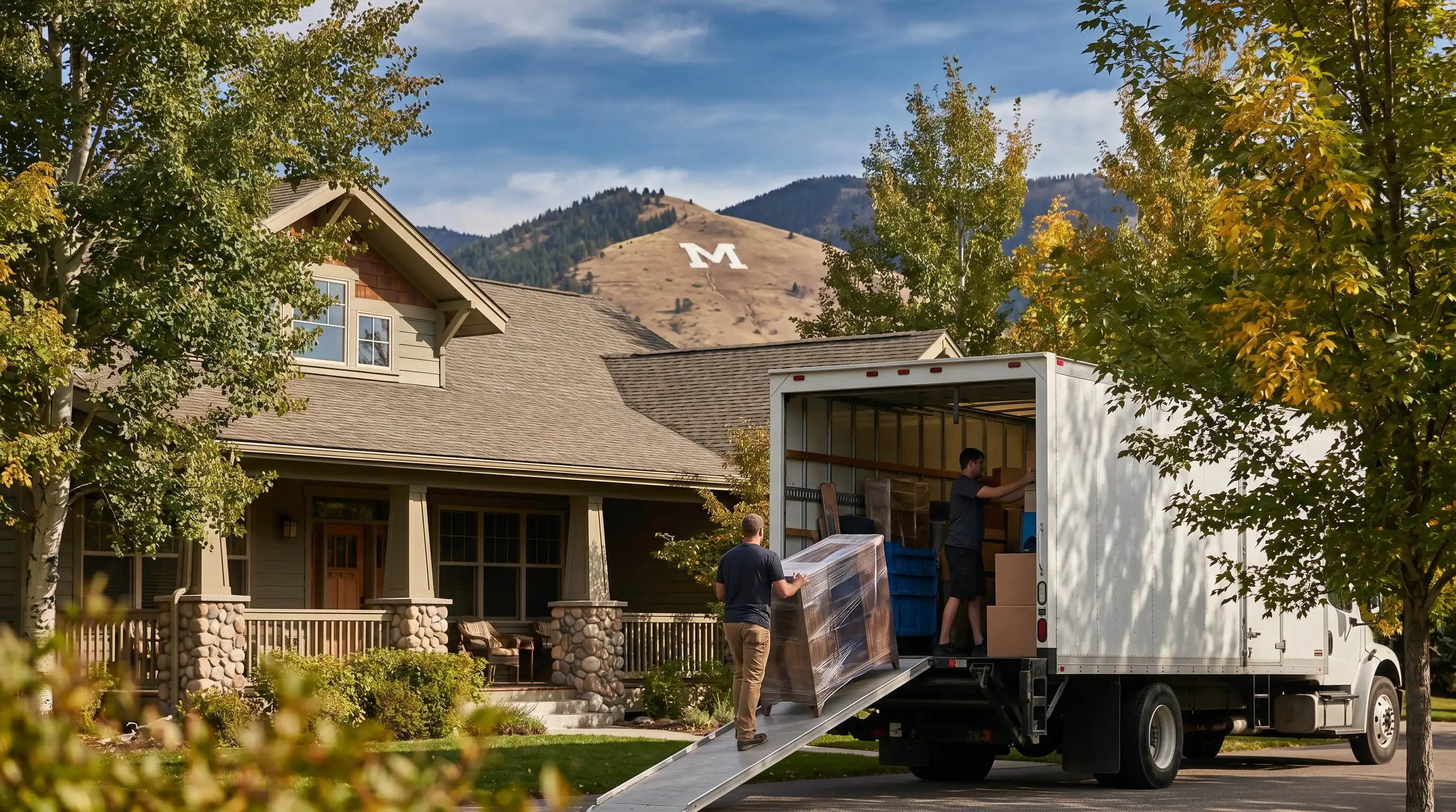 Professional moving crew loading a truck in front of a Missoula, MT craftsman home with mountain backdrop