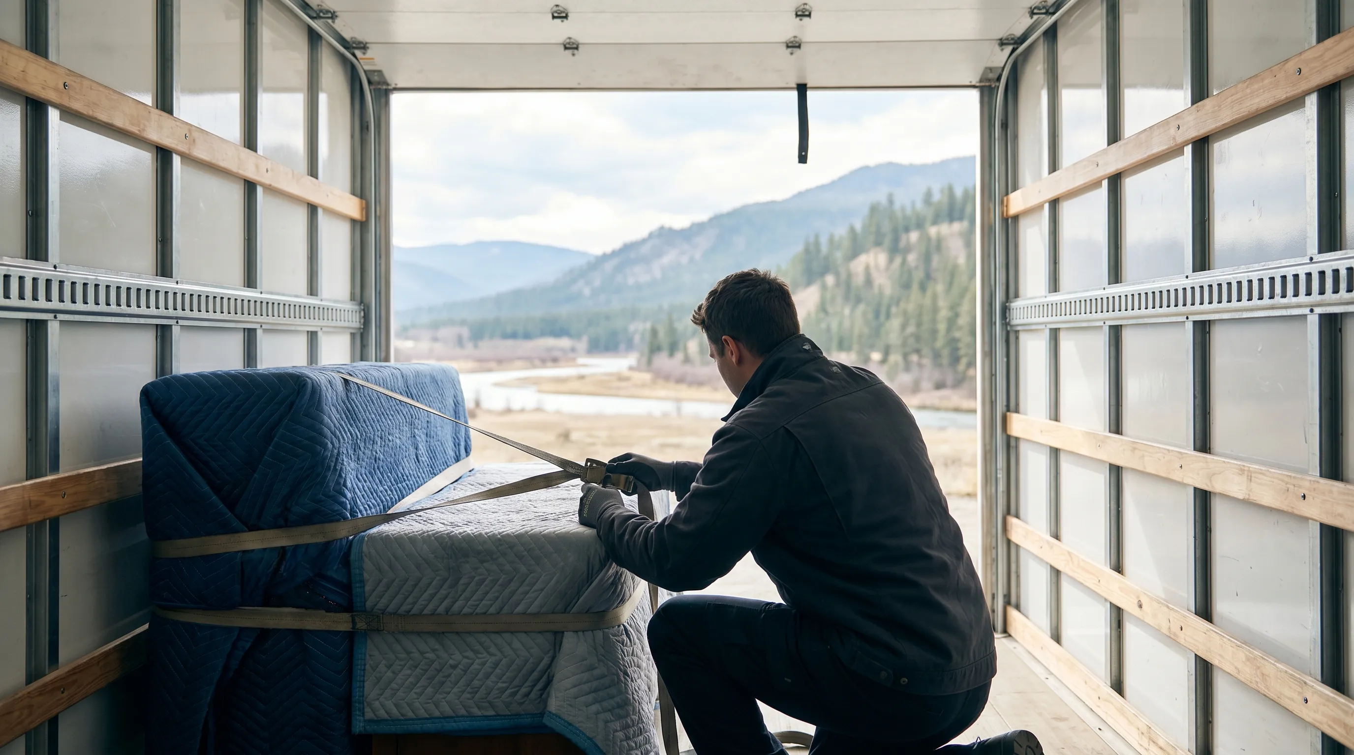 Professional moving crew loading a truck in front of a Missoula, MT craftsman home with mountain backdrop