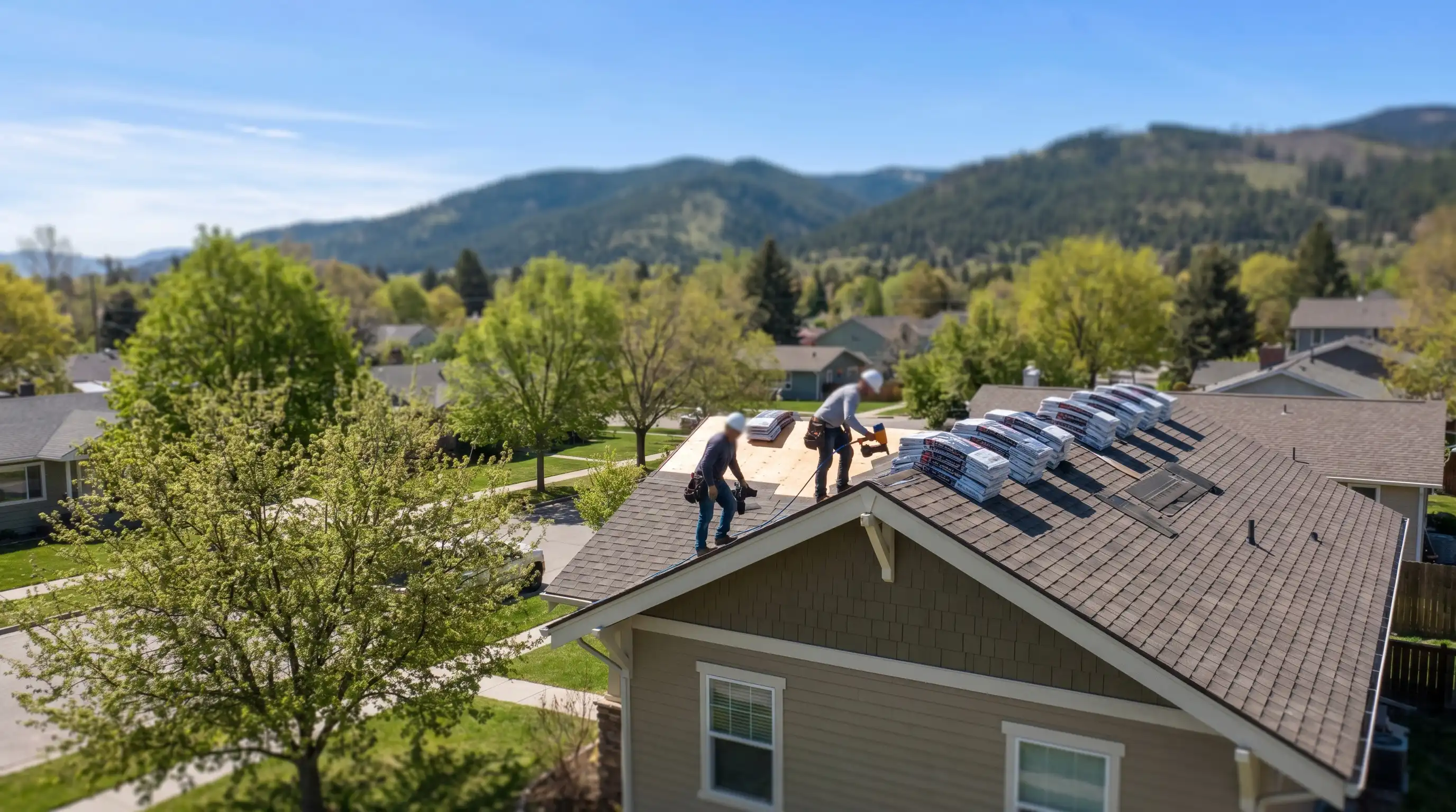 Professional roofer inspecting damage on a Missoula, MT residential roof in early spring with mountain backdrop