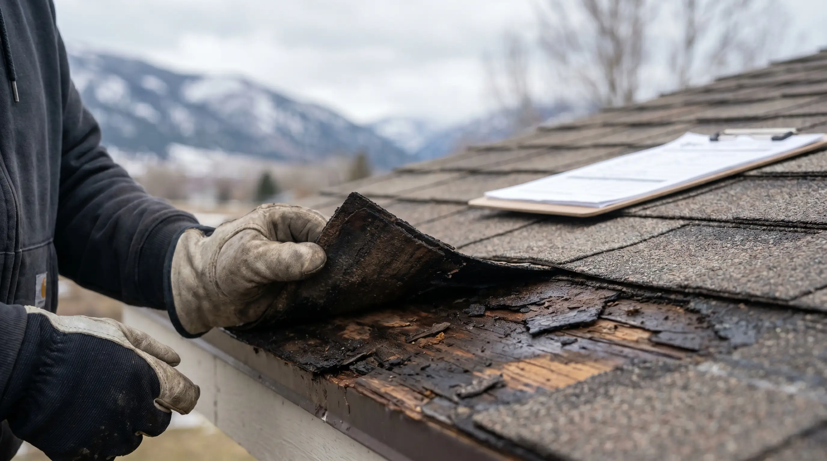 Professional roofer inspecting damage on a Missoula, MT residential roof in early spring with mountain backdrop