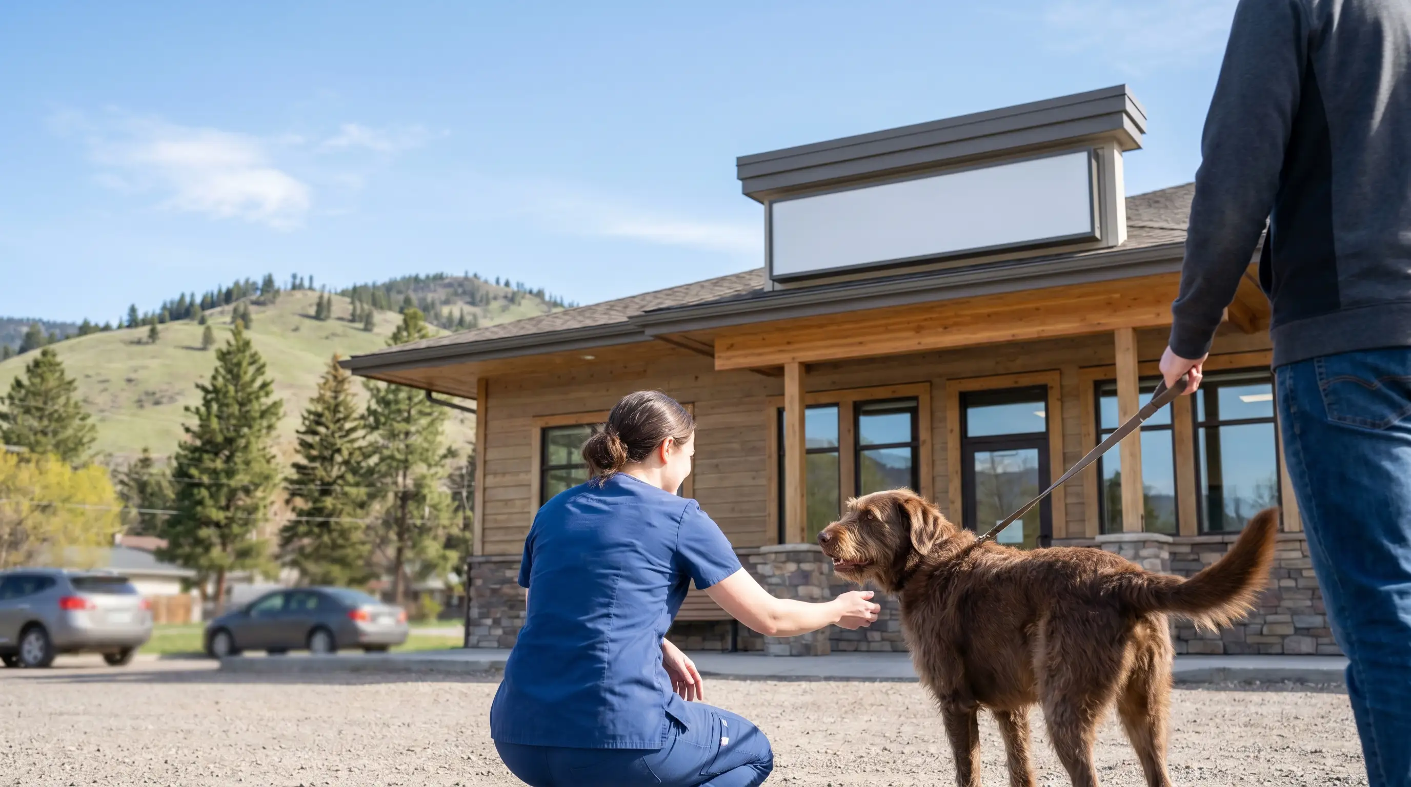 Veterinarian examining a dog in a clean exam room at a Missoula, MT animal clinic with outdoor Montana artwork on the wall