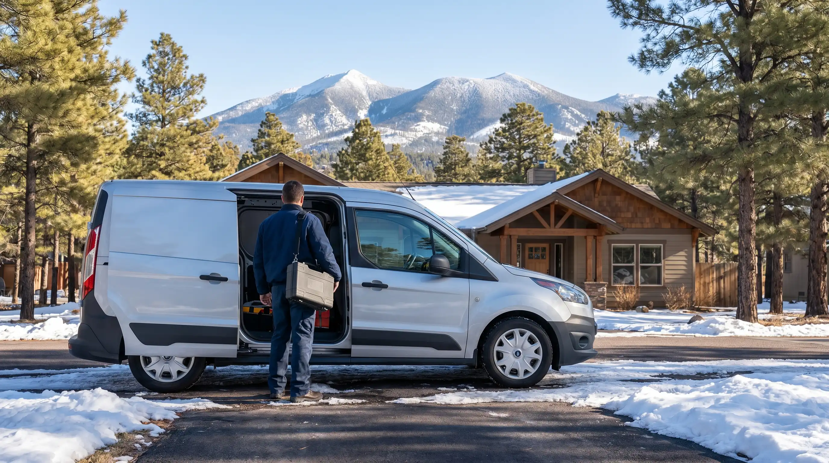 HVAC technician inspecting a high-efficiency furnace in a mountain-style home in Flagstaff, AZ, with timber-beam interior and professional diagnostic equipment