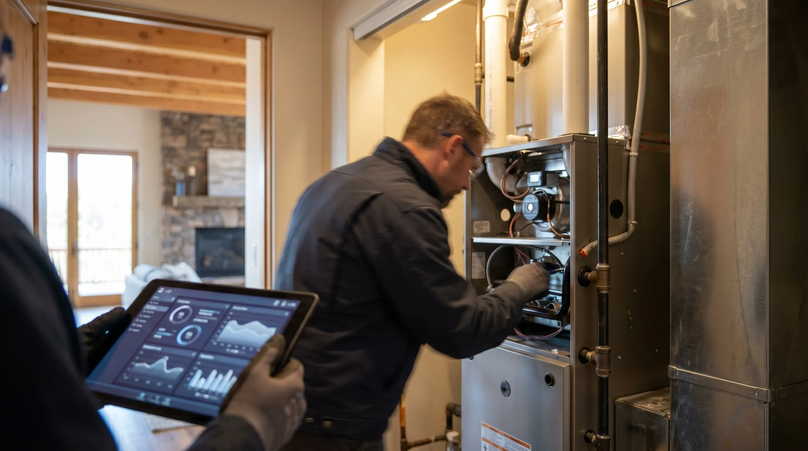 HVAC technician inspecting a high-efficiency furnace in a mountain-style home in Flagstaff, AZ, with timber-beam interior and professional diagnostic equipment