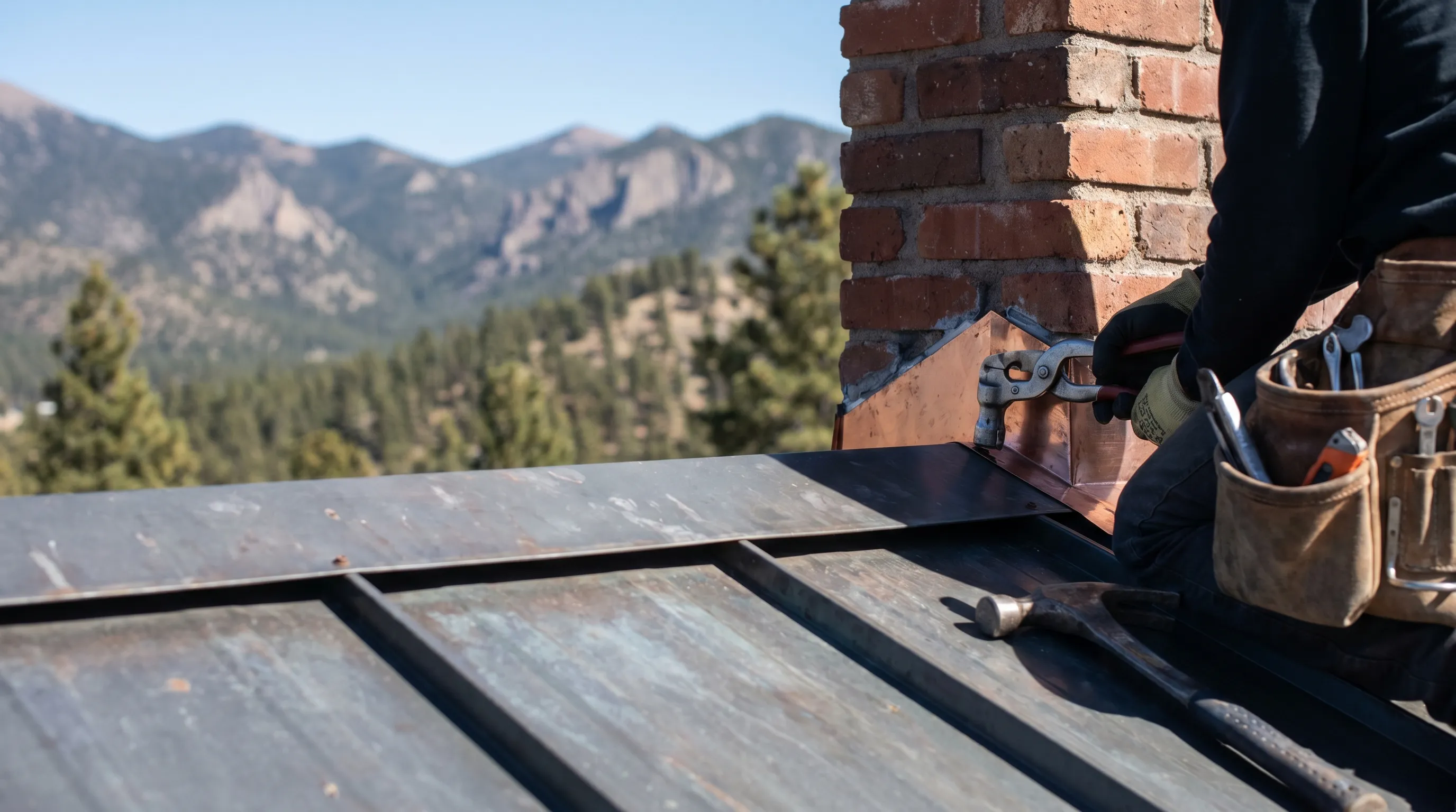 Roofing contractor installing metal standing-seam panels on a steep-pitch residential roof in Flagstaff, AZ, with snow-dusted ponderosa pines in background