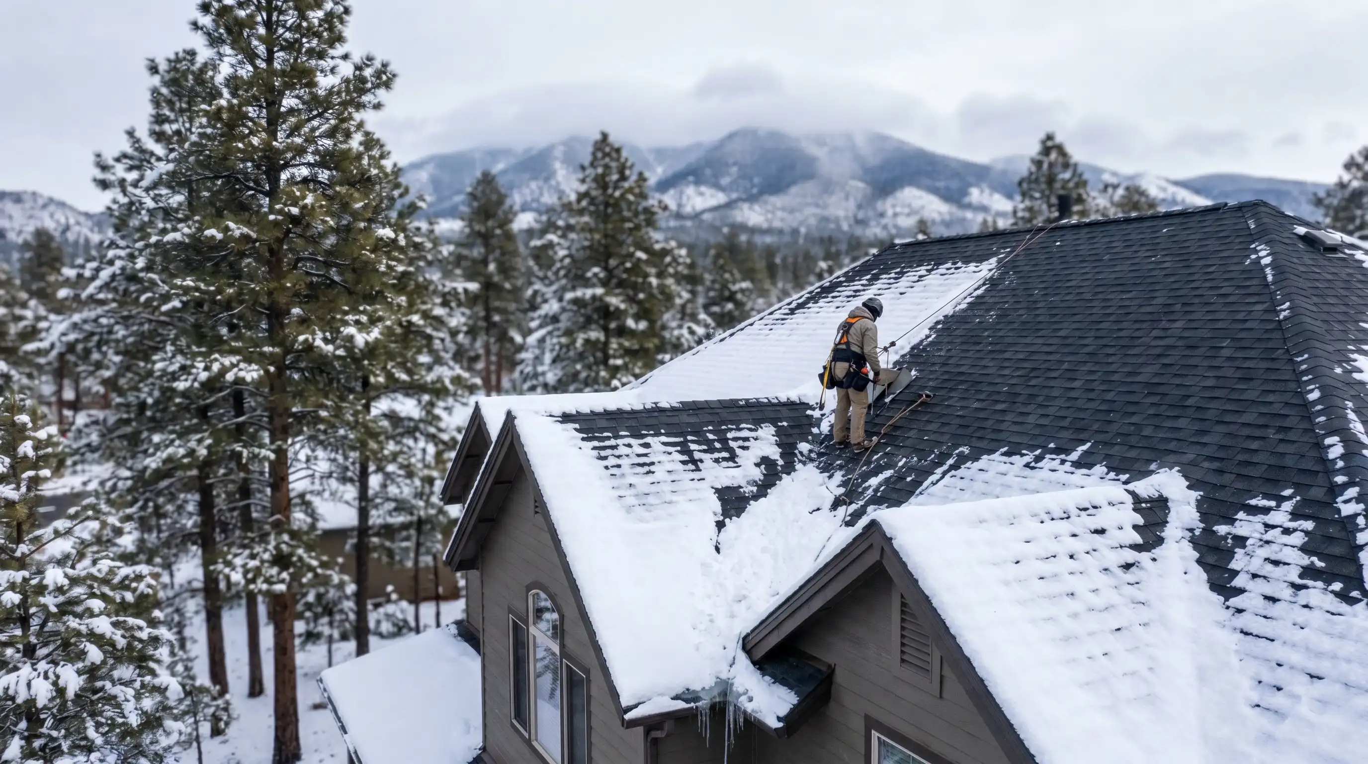 Roofing contractor installing metal standing-seam panels on a steep-pitch residential roof in Flagstaff, AZ, with snow-dusted ponderosa pines in background
