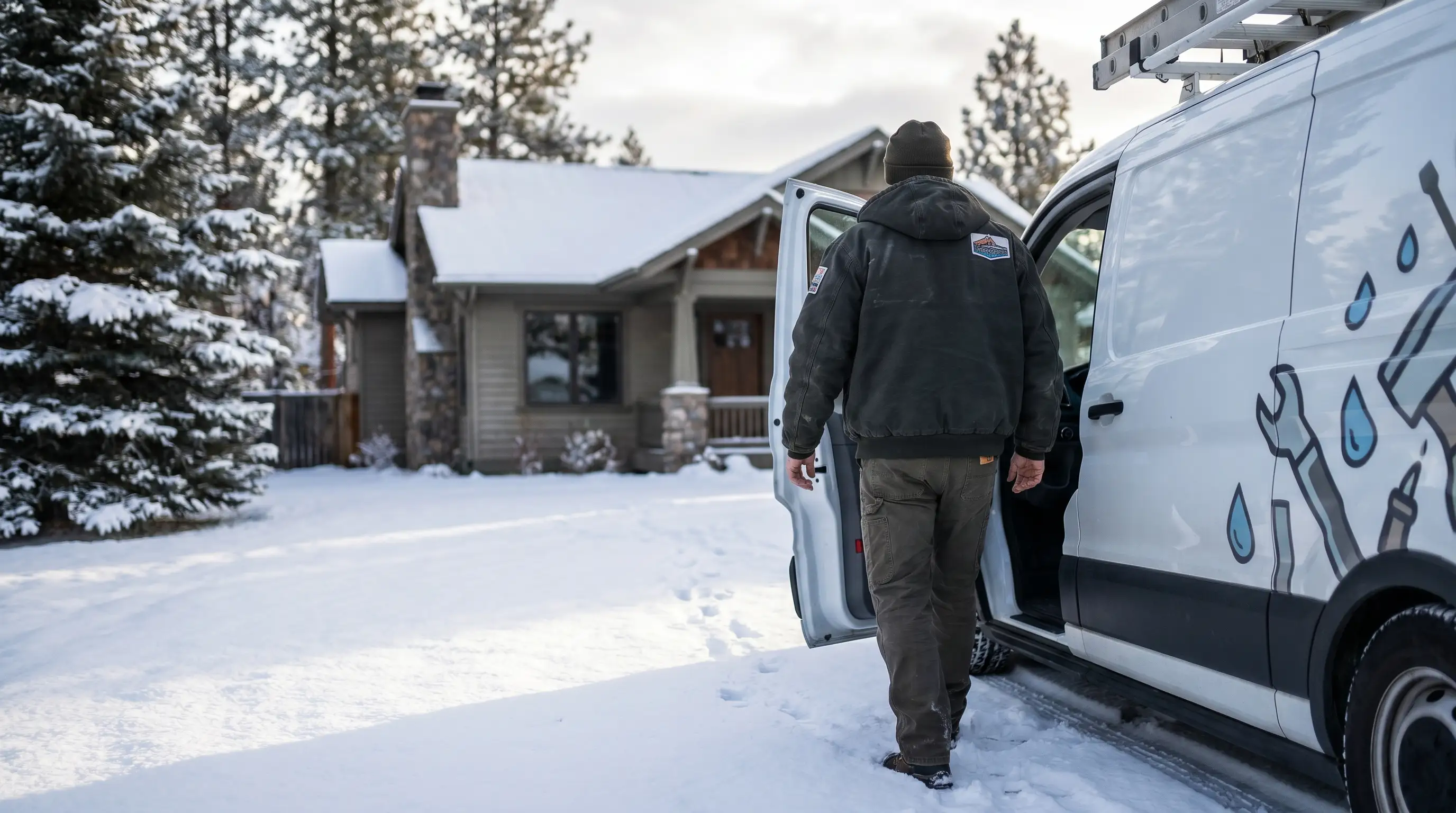 Licensed plumber repairing a frozen pipe in the crawl space of a historic Flagstaff home, with insulation and professional cold-climate tools visible