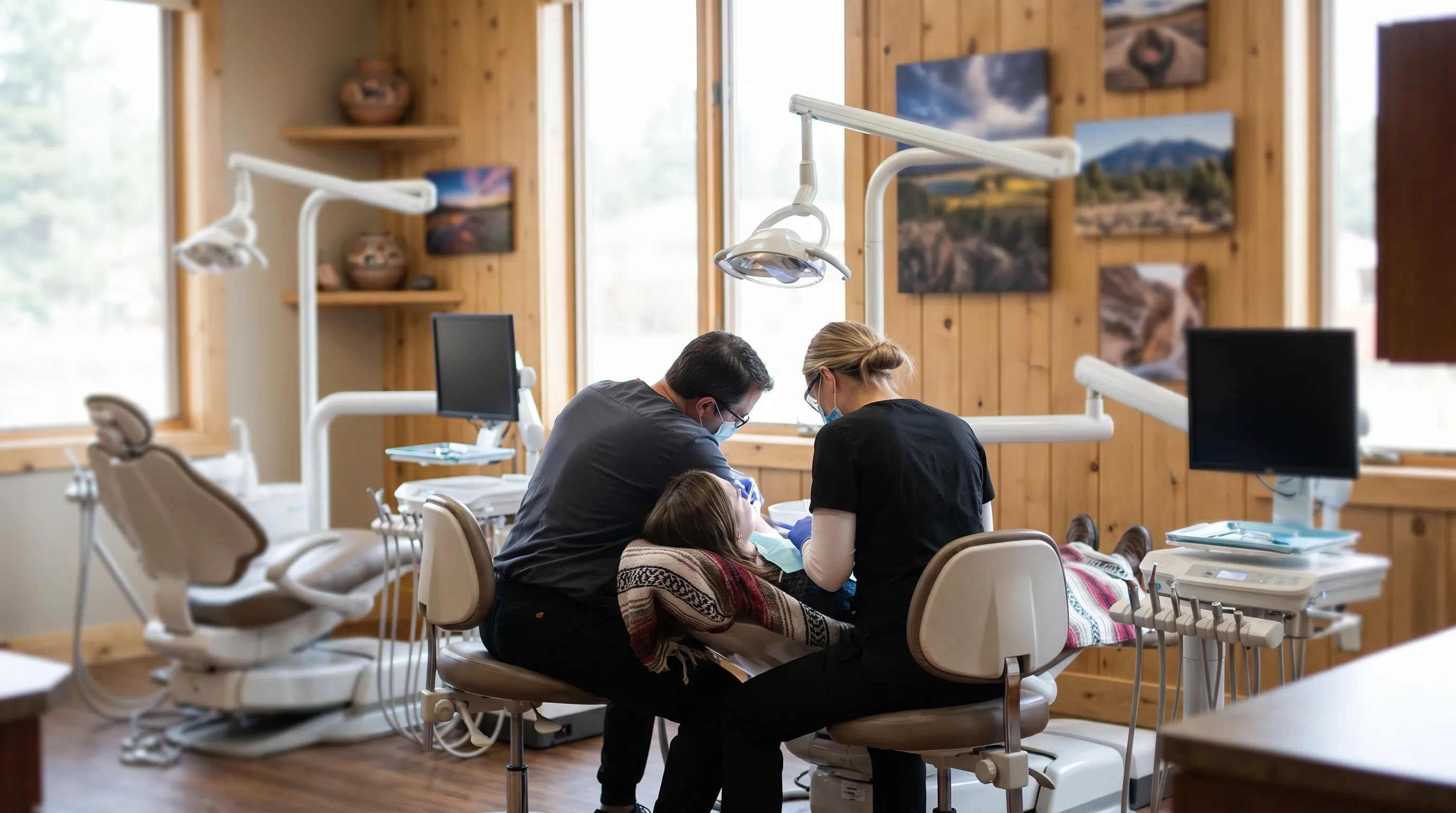 Dentist consulting with a patient in a modern Flagstaff dental practice, with warm wood accents and natural lighting conveying a welcoming local practice