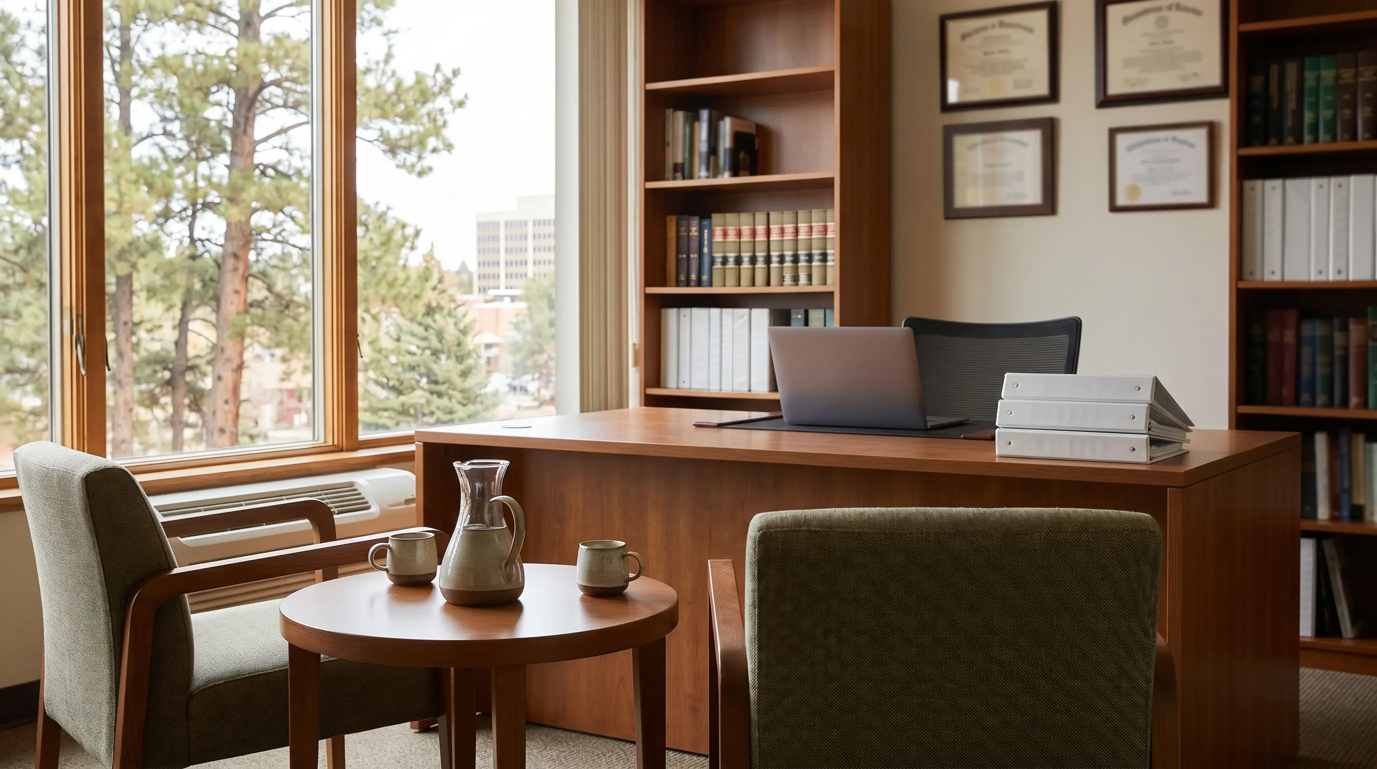 Personal injury attorney reviewing case documents in a professional Flagstaff law office with Route 66 and downtown Flagstaff visible through the window