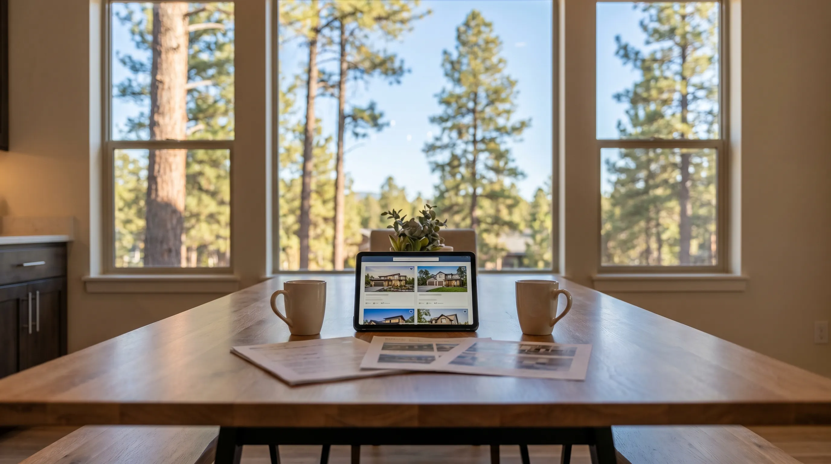 Real estate agent meeting with buyers at a kitchen table in a beautifully staged Flagstaff craftsman home with ponderosa pines visible through large windows