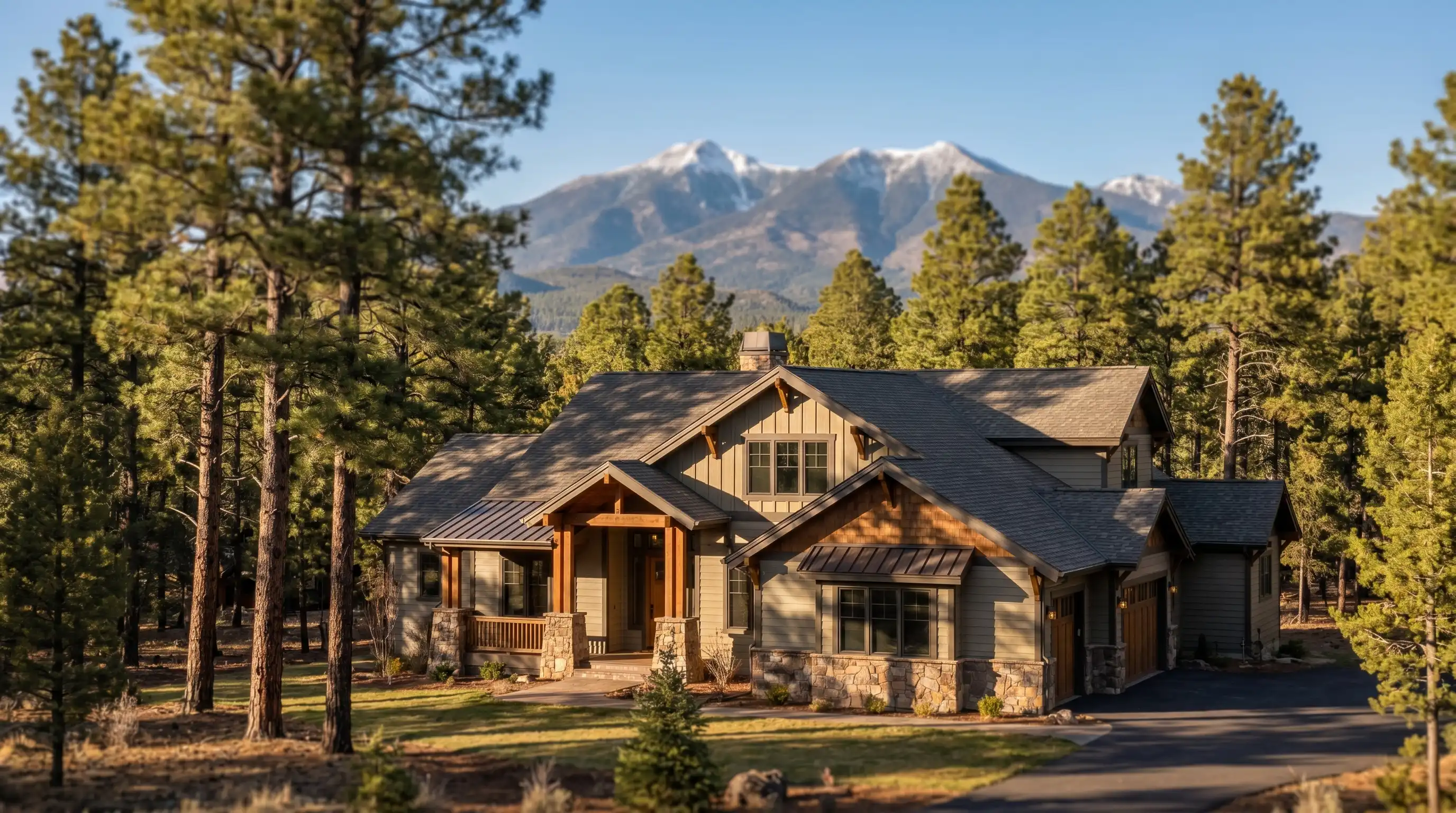 Real estate agent meeting with buyers at a kitchen table in a beautifully staged Flagstaff craftsman home with ponderosa pines visible through large windows