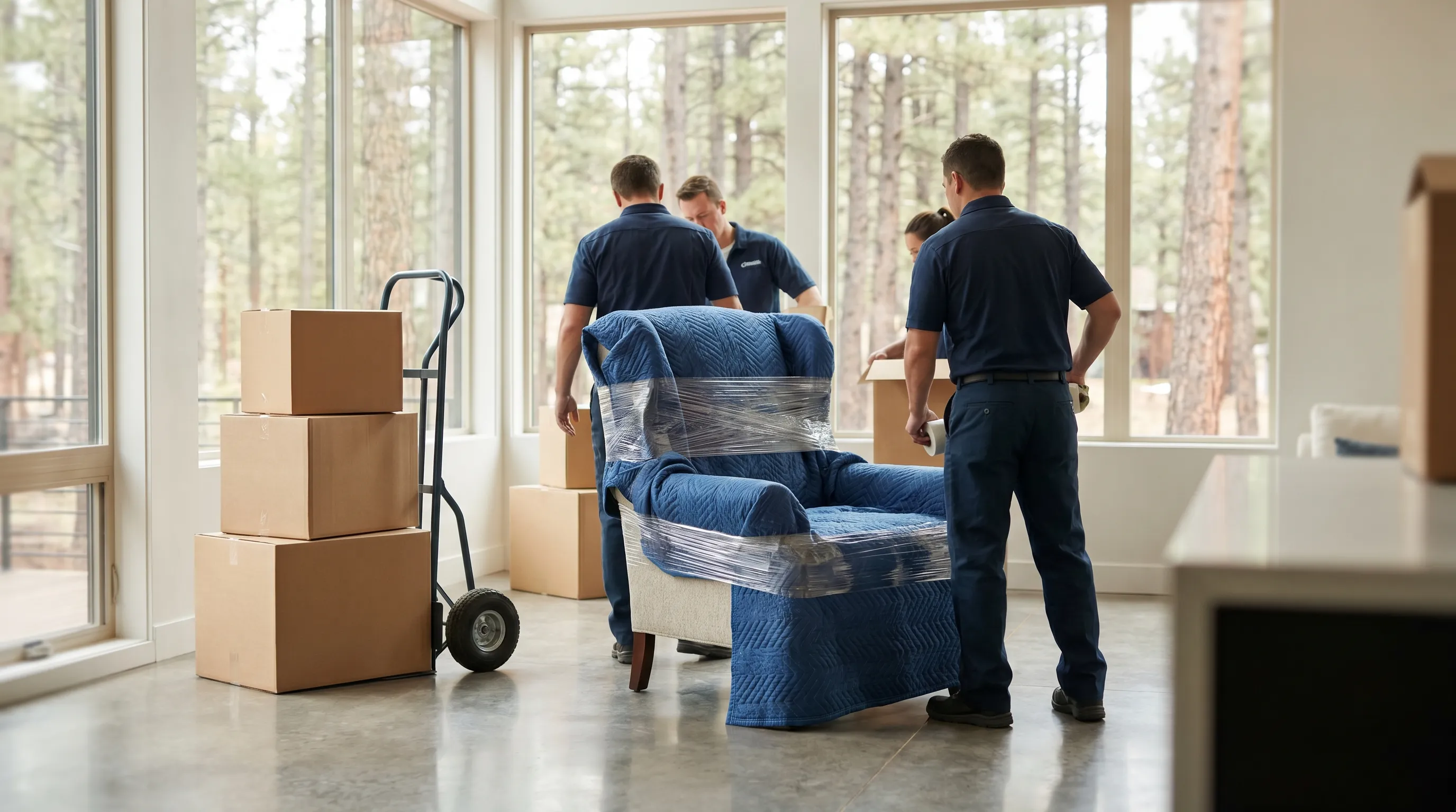Moving crew carefully loading furniture into a truck parked outside a craftsman home on a Flagstaff street lined with ponderosa pines and mountain backdrop