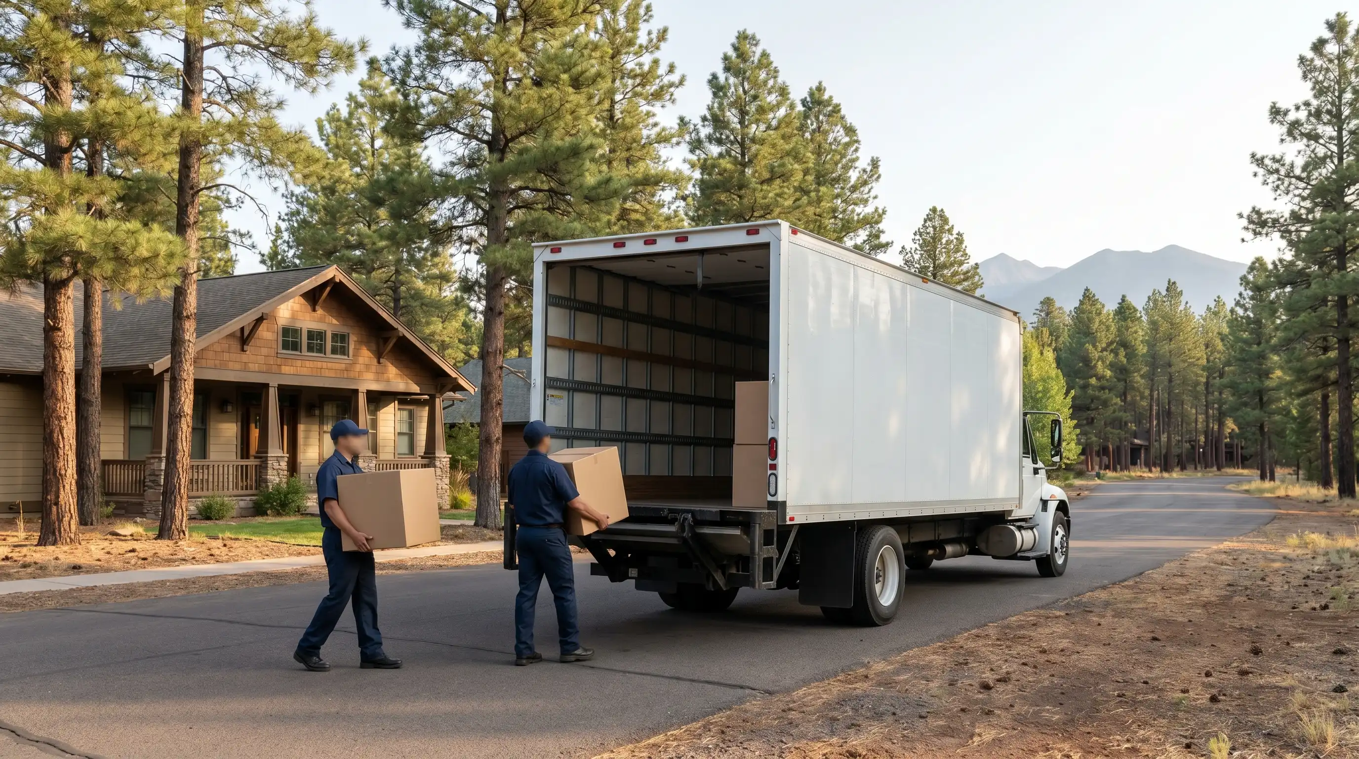 Moving crew carefully loading furniture into a truck parked outside a craftsman home on a Flagstaff street lined with ponderosa pines and mountain backdrop