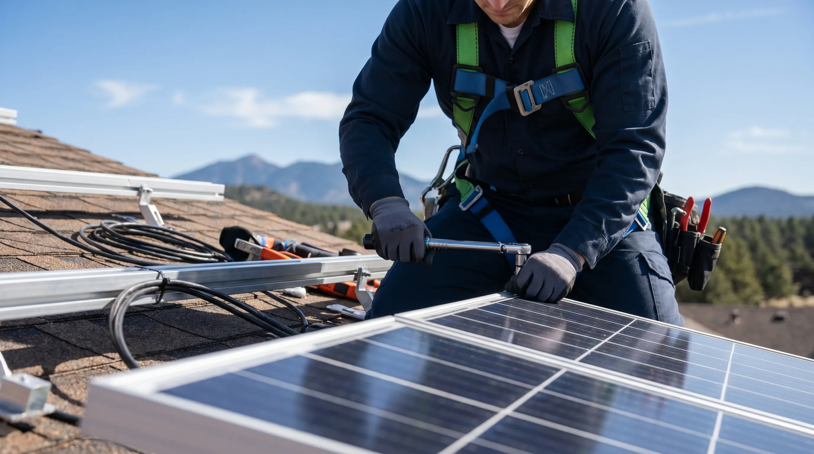 Solar installer securing panels on a residential Flagstaff rooftop with ponderosa pines and San Francisco Peaks visible in the background under clear blue sky