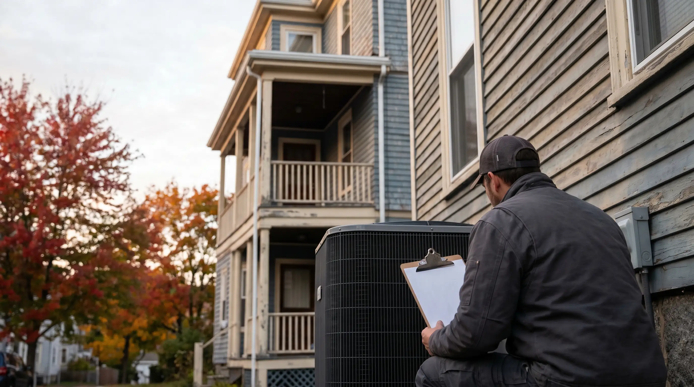 Professional HVAC technician inspecting boiler in a historic triple-decker home in Pawtucket, RI