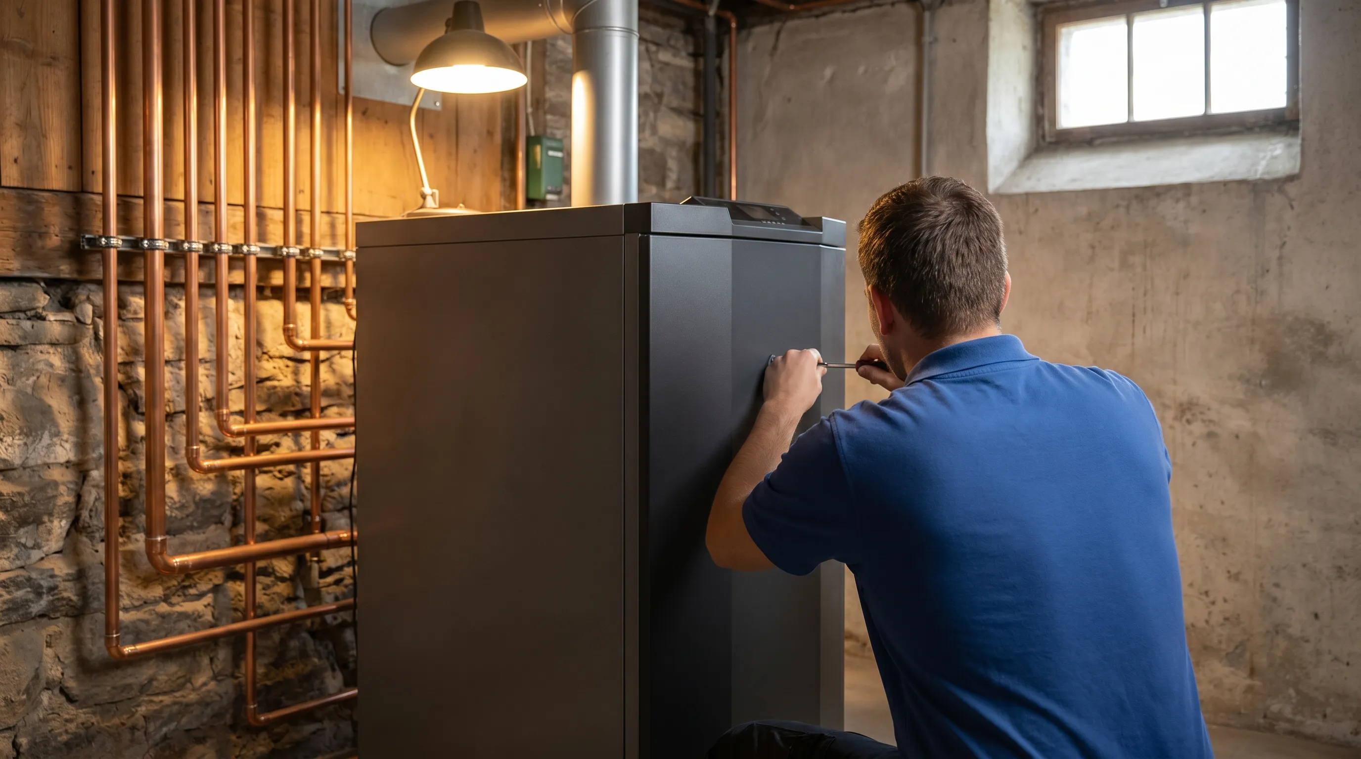 Professional HVAC technician inspecting boiler in a historic triple-decker home in Pawtucket, RI