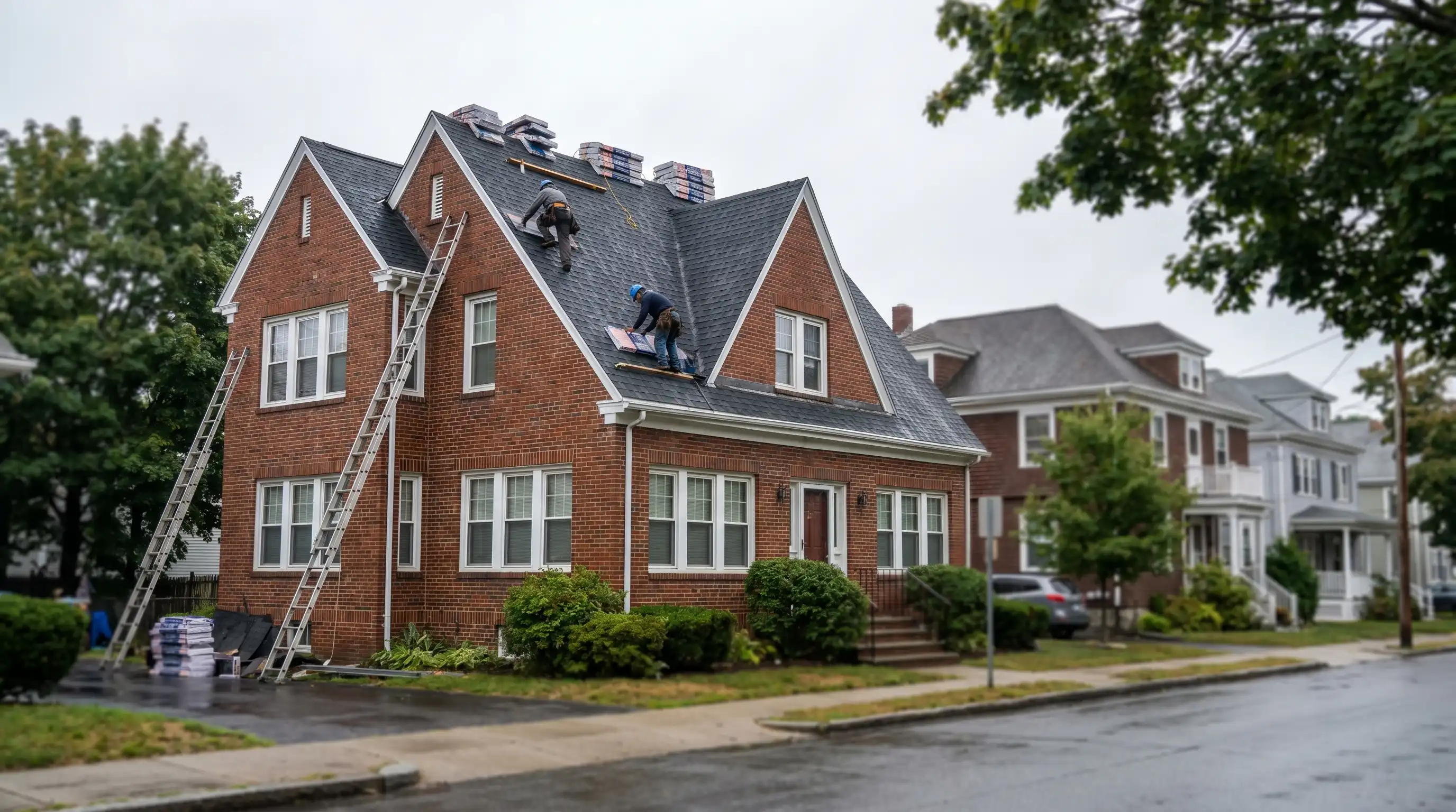 Professional roofers installing new asphalt shingles on a historic Pawtucket, RI home
