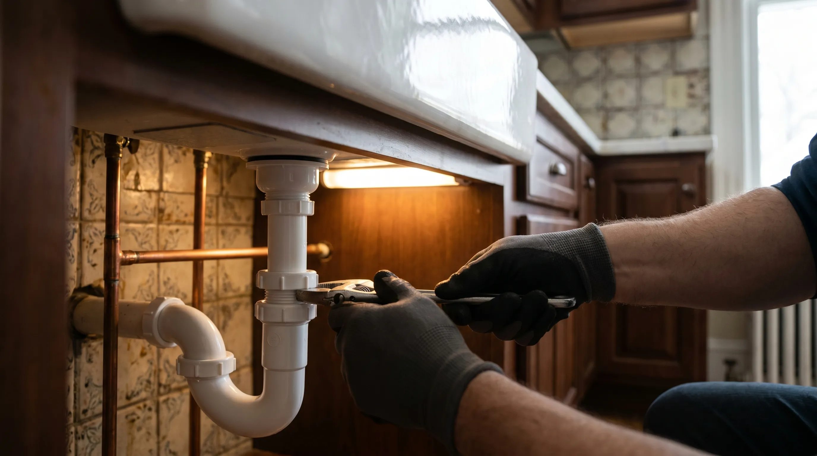 Licensed plumber repairing copper pipes beneath a kitchen sink in a historic Pawtucket, RI home