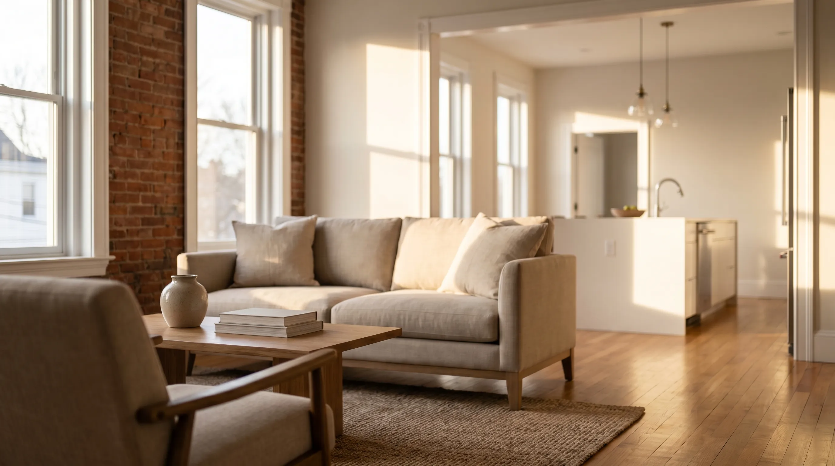 Real estate agent walking a young couple through a renovated mill-district home in Pawtucket, RI