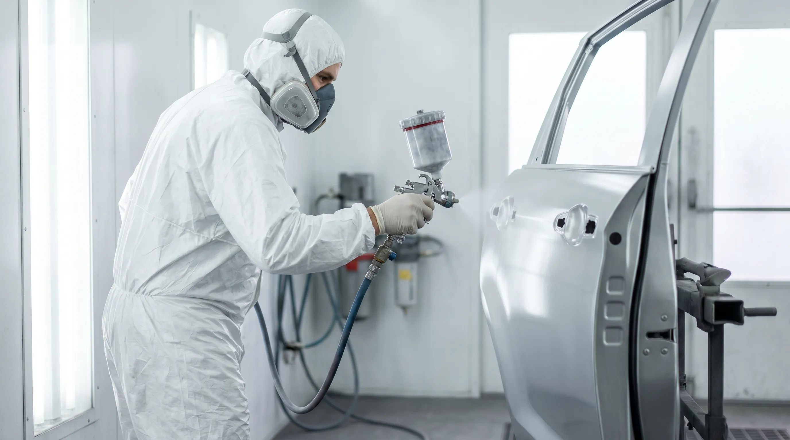 Auto body technician performing precision paint repair on a vehicle at a Pawtucket, RI collision shop