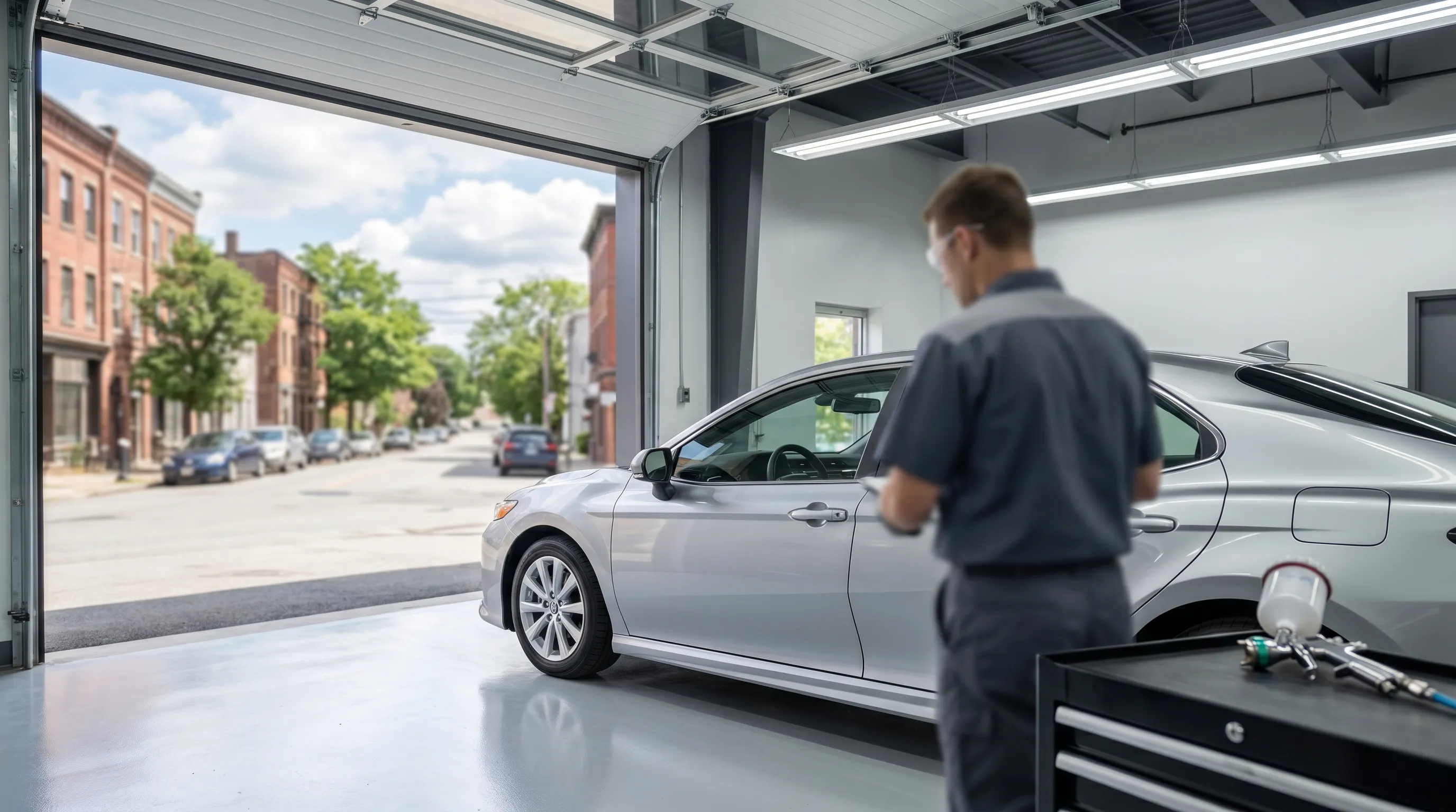 Auto body technician performing precision paint repair on a vehicle at a Pawtucket, RI collision shop