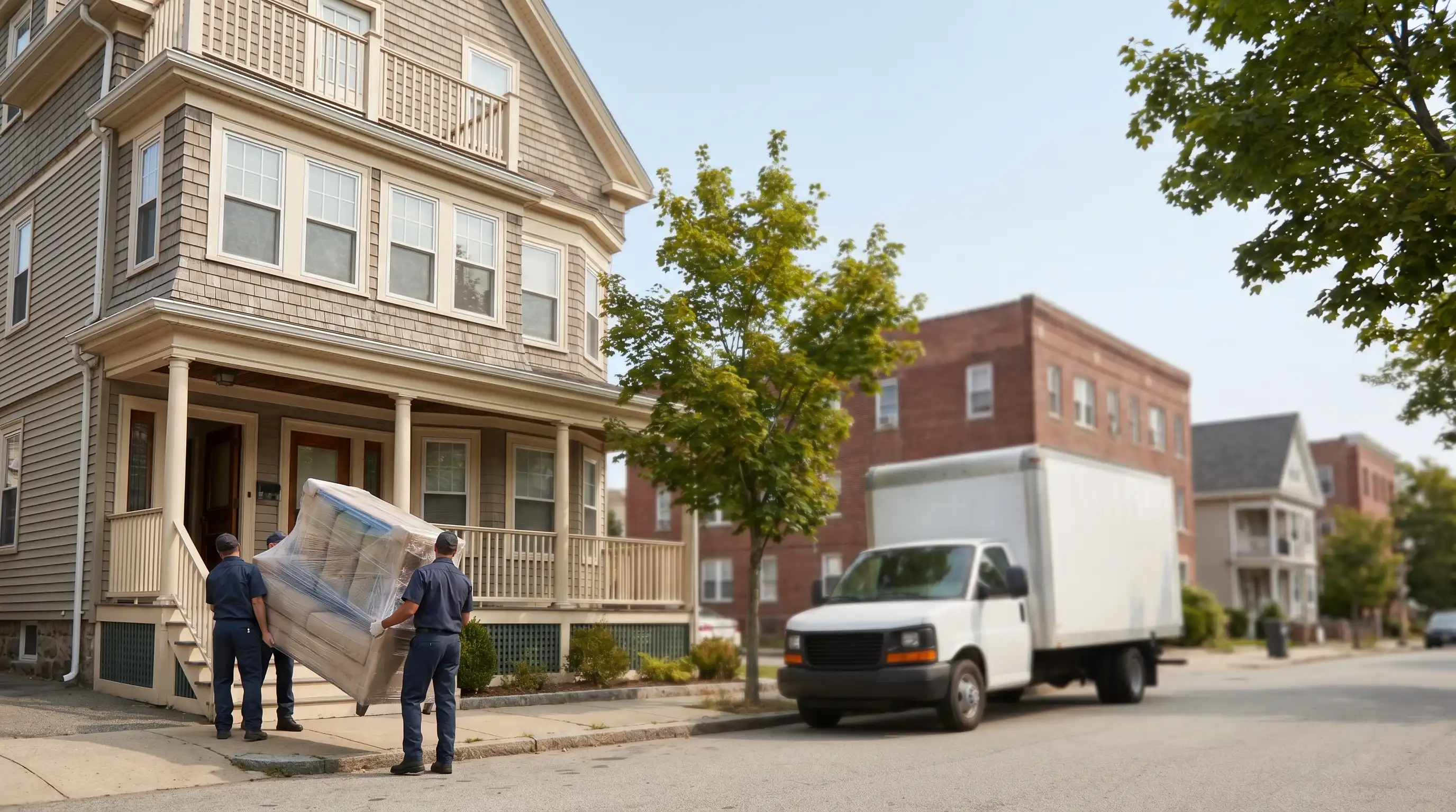 Two uniformed movers carefully carrying furniture from a triple-decker home in Pawtucket, RI on a sunny day