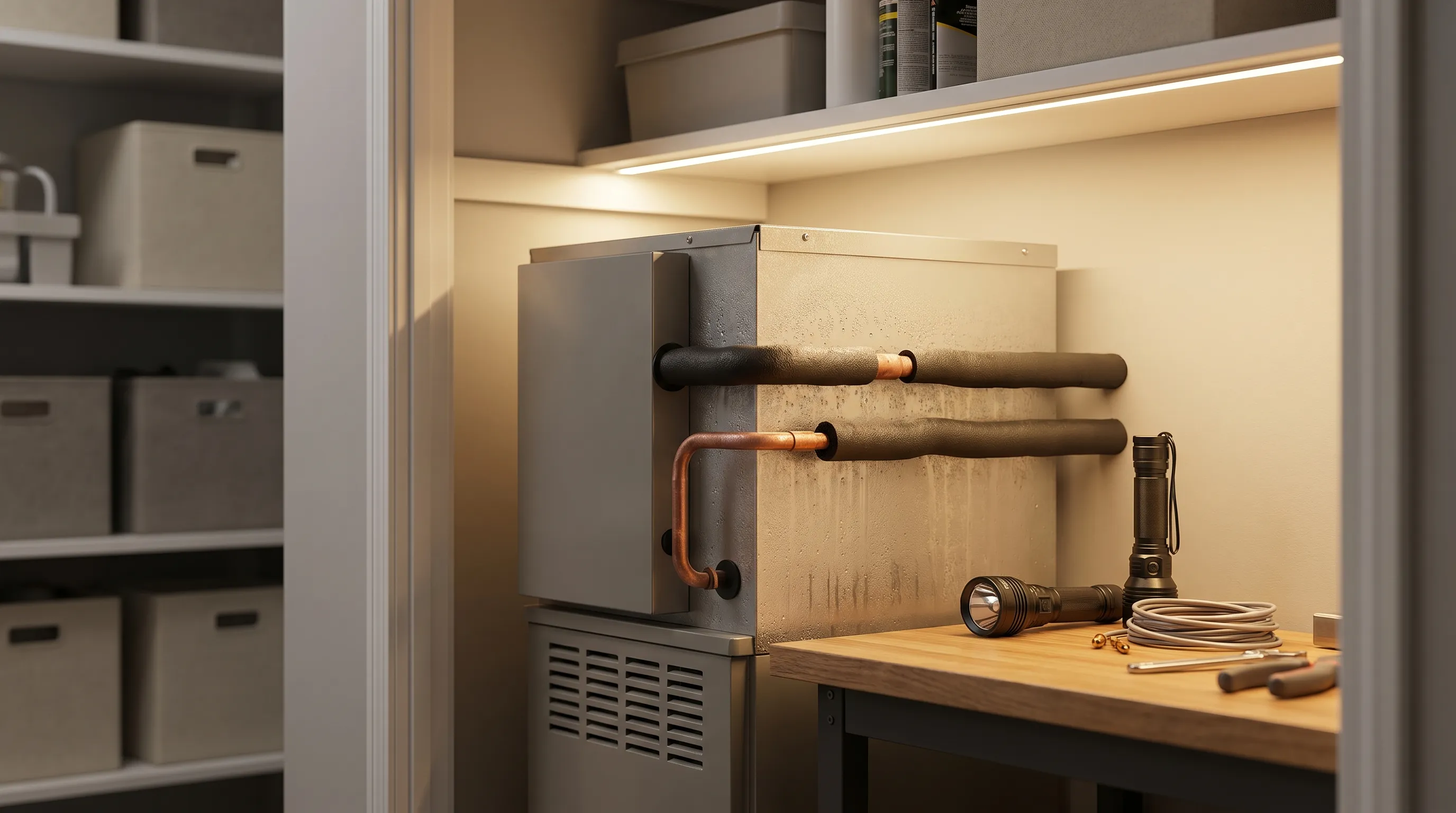 Professional HVAC technician inspecting an air handler in a residential utility room in Gulfport, MS