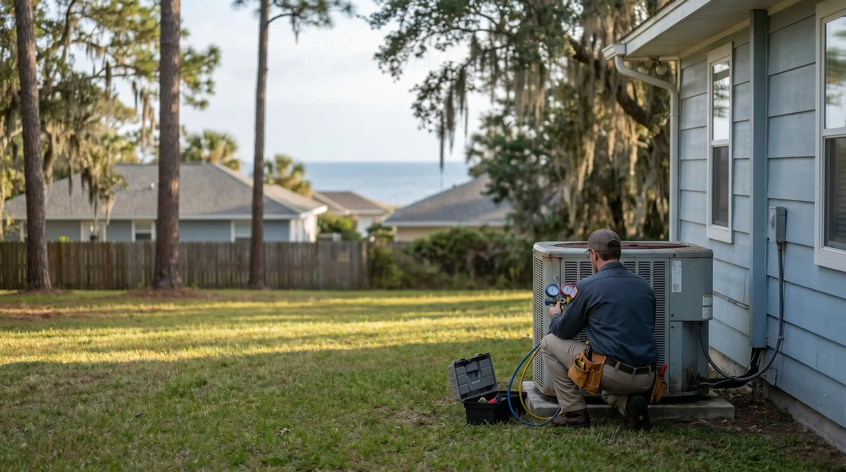 Professional HVAC technician inspecting an air handler in a residential utility room in Gulfport, MS