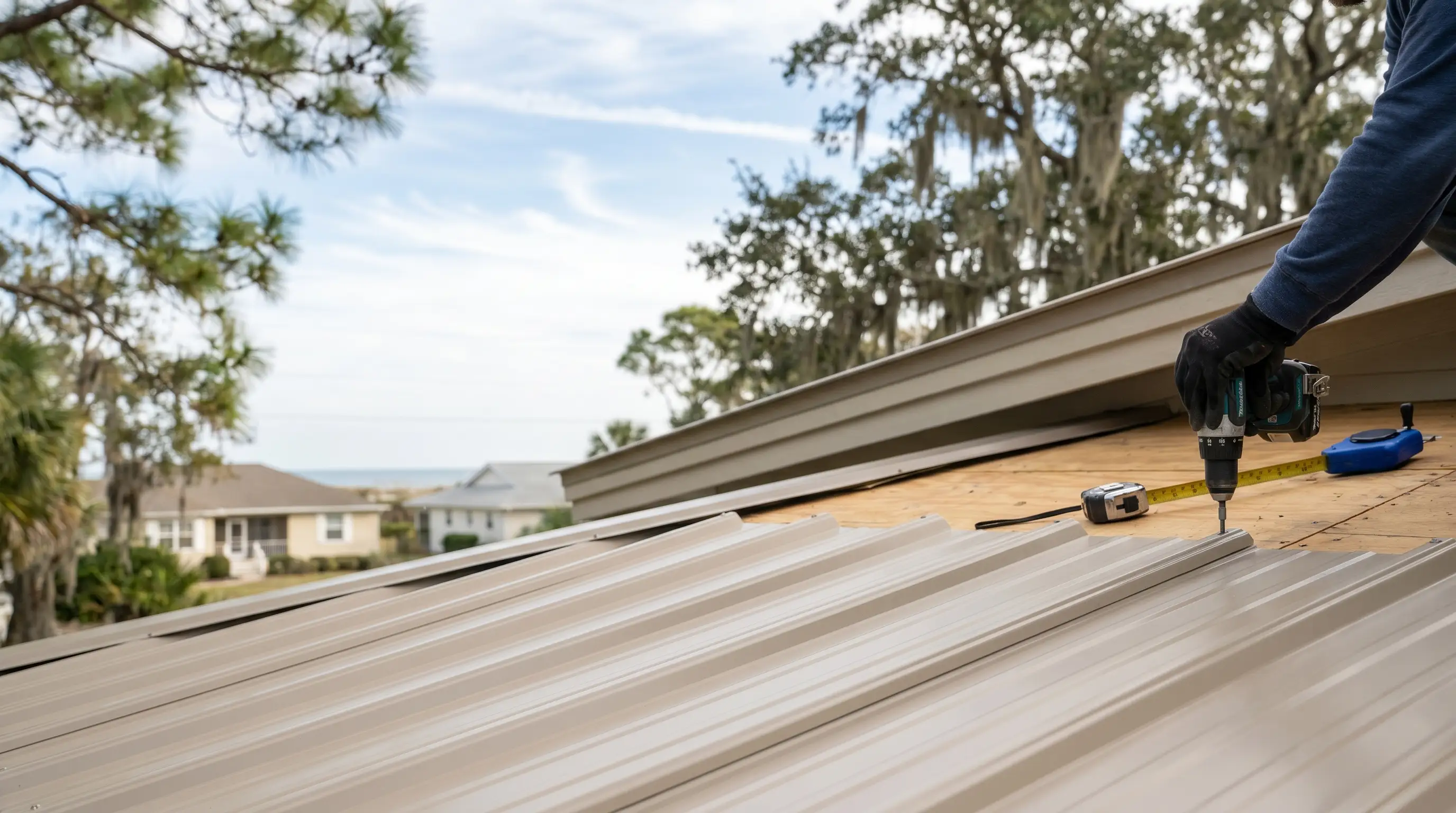 Professional roofers installing metal roofing panels on a Gulf Coast home in Gulfport, MS