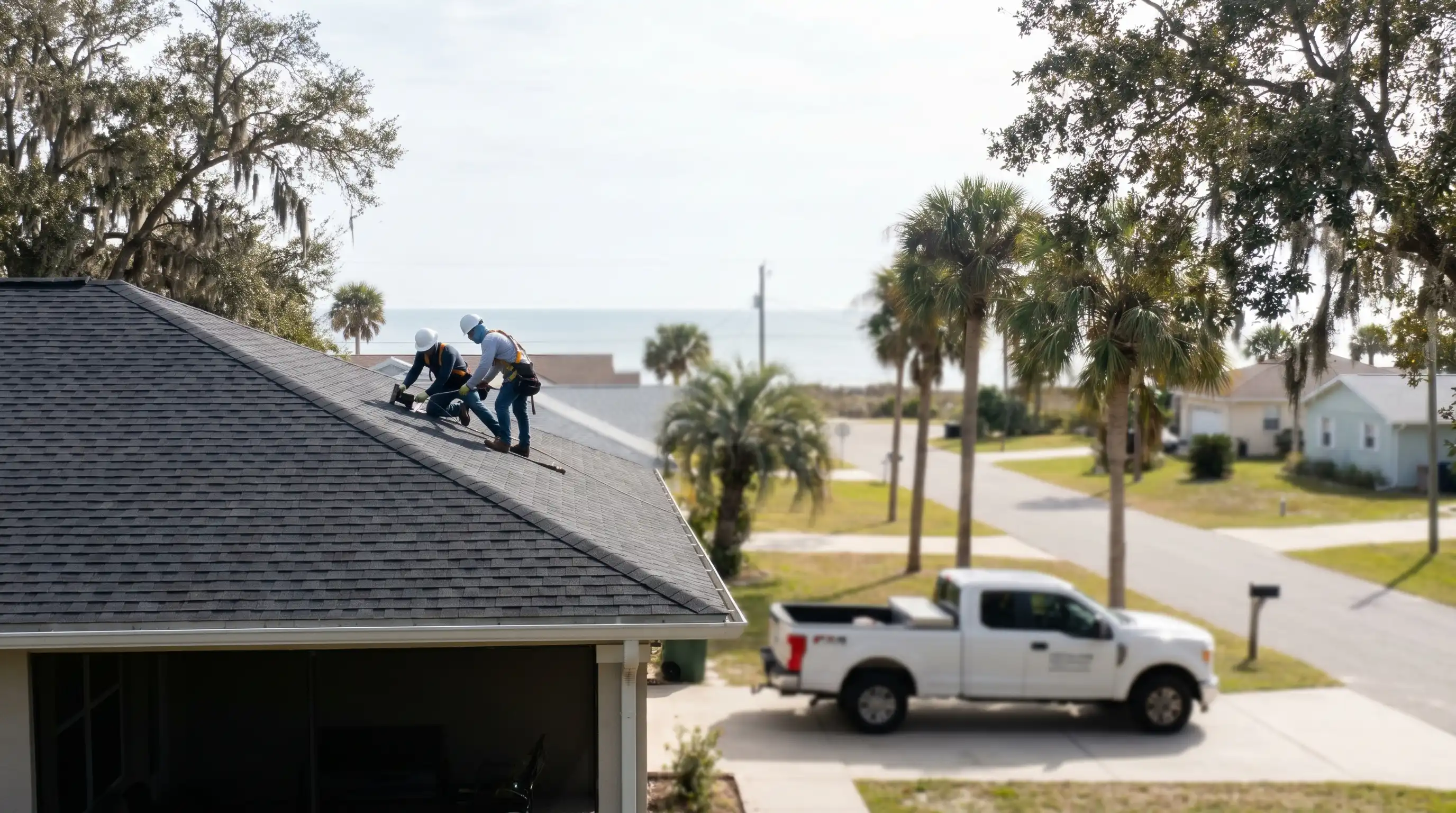 Professional roofers installing metal roofing panels on a Gulf Coast home in Gulfport, MS