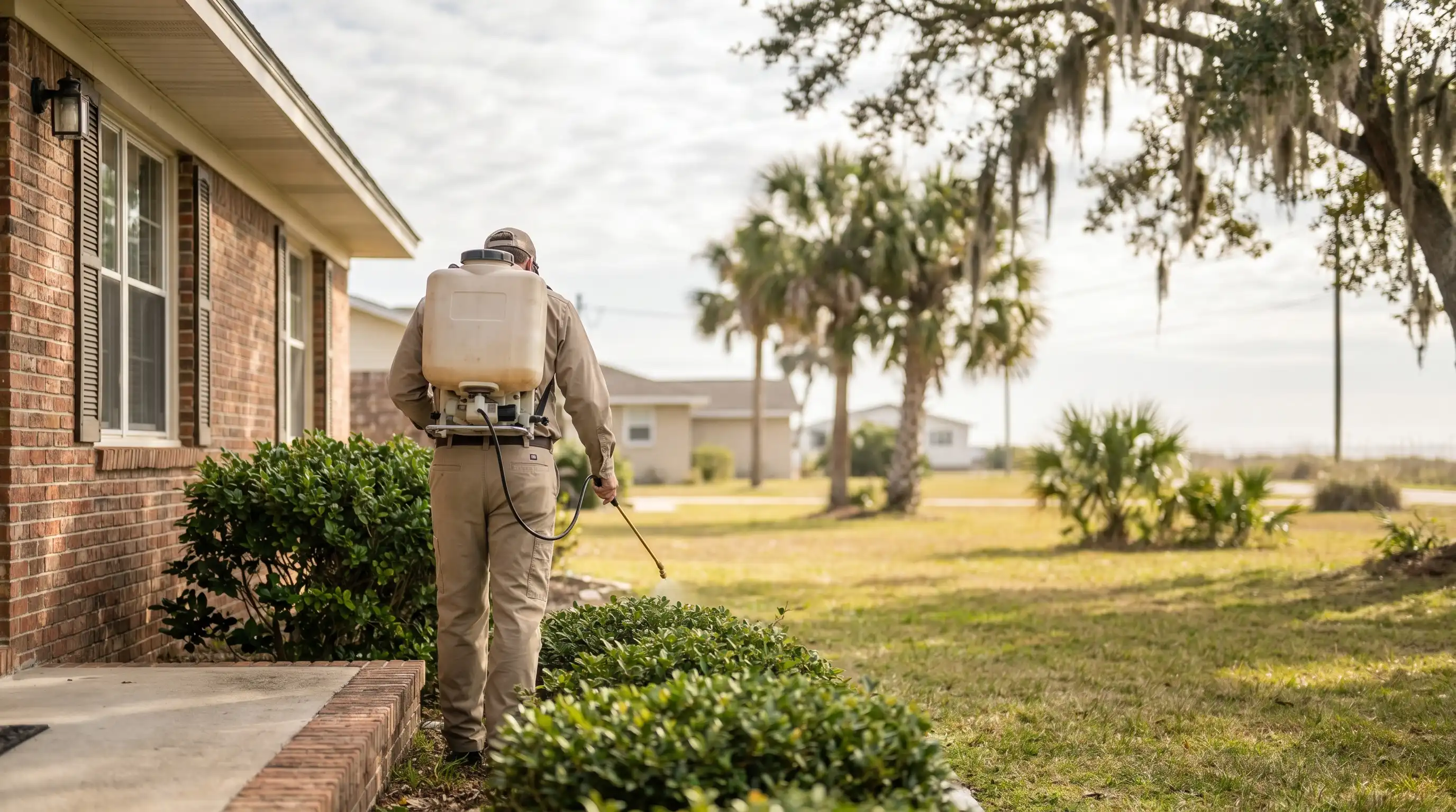 Pest control technician inspecting a kitchen cabinet for pest entry points in a Gulfport, MS home