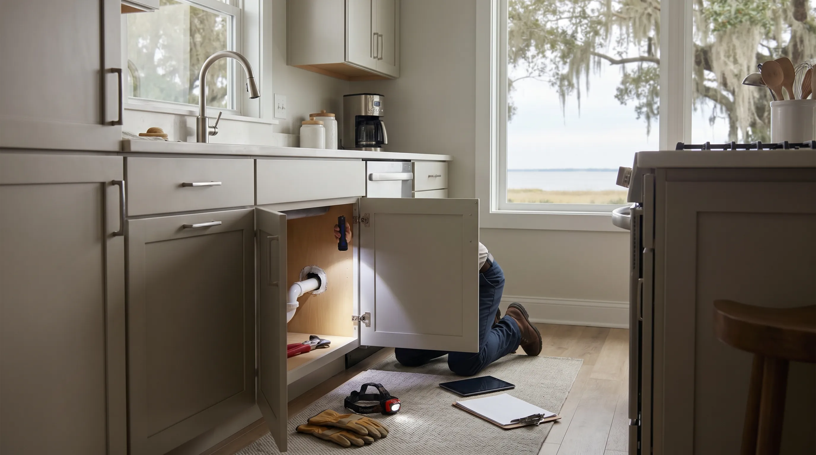Pest control technician inspecting a kitchen cabinet for pest entry points in a Gulfport, MS home