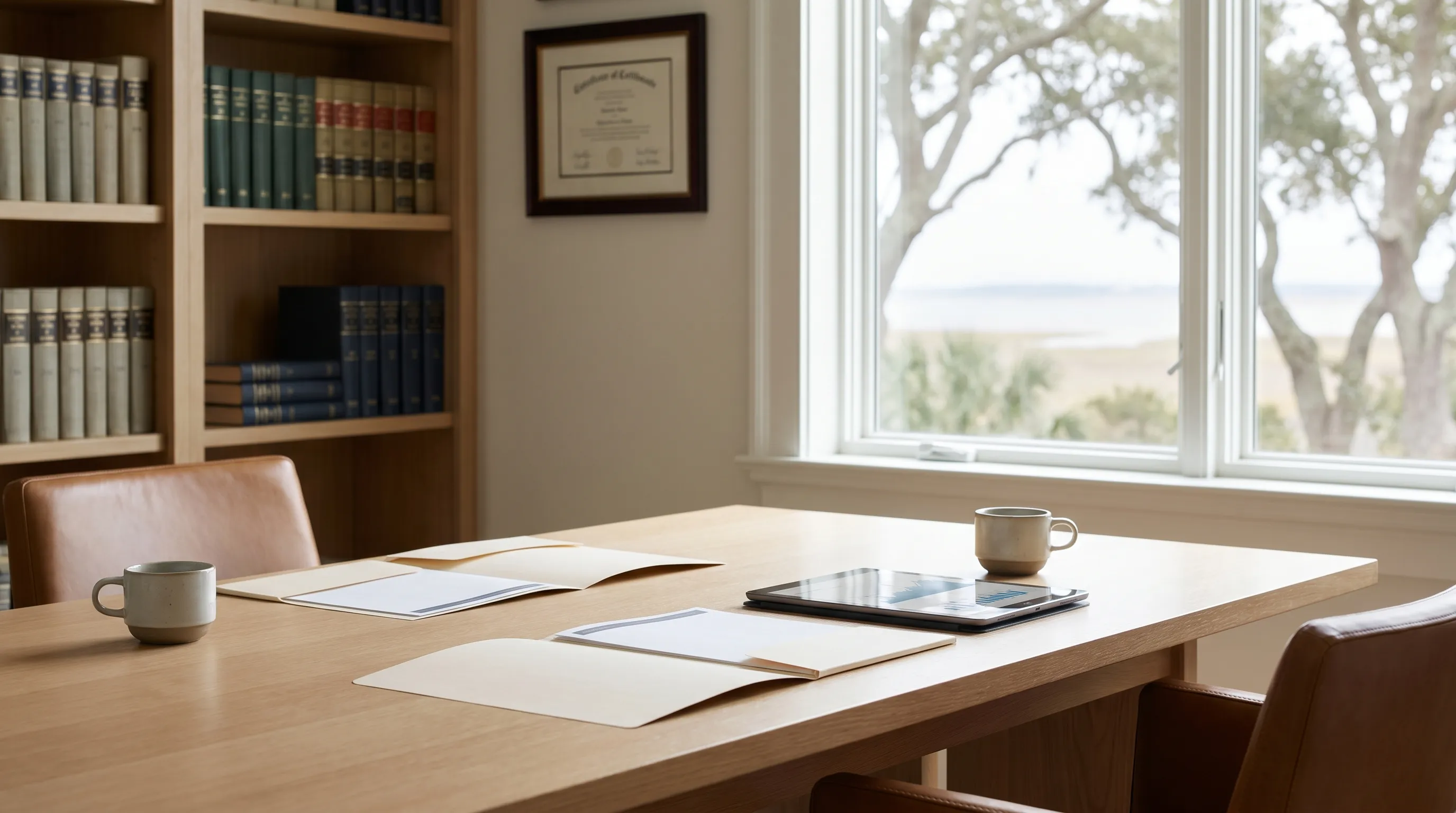 Attorney consulting with a client at a desk in a professional law office in Gulfport, MS