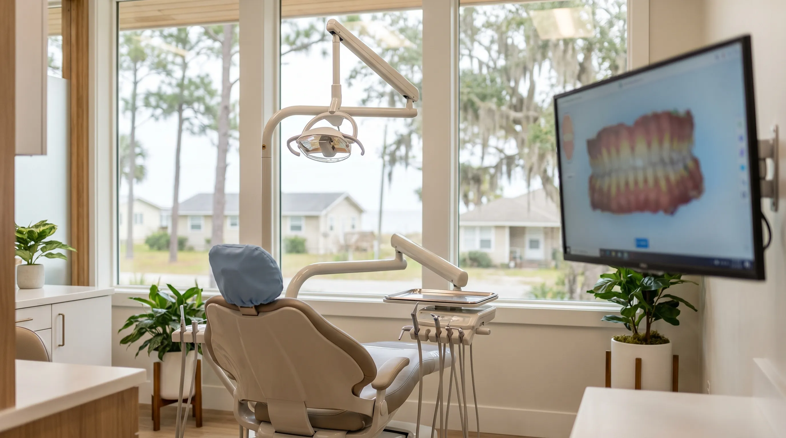 Dentist in a clean modern dental office in Gulfport, MS treating a patient in a professional treatment room
