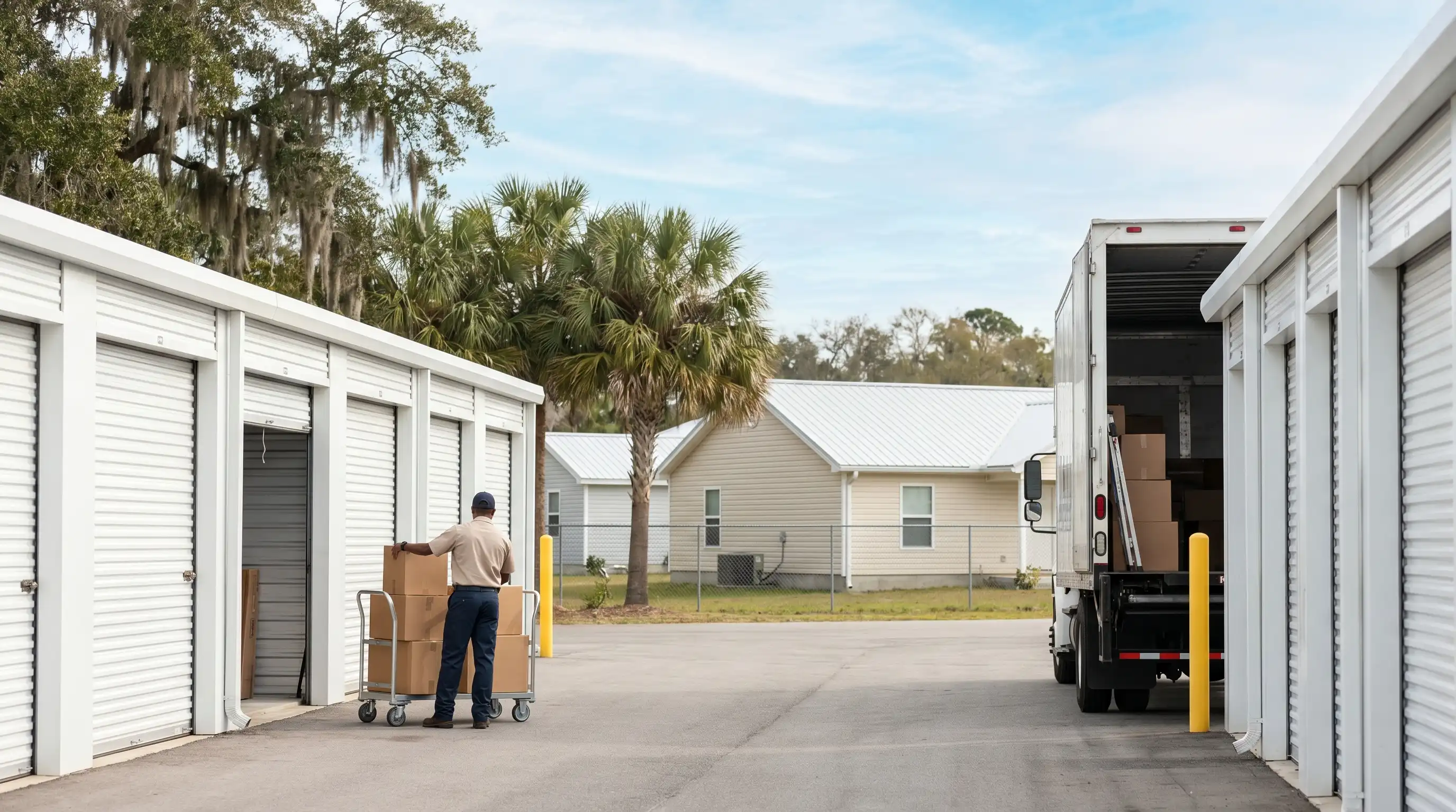 Moving crew loading a truck in front of a Gulf Coast home in Gulfport, MS on a sunny day
