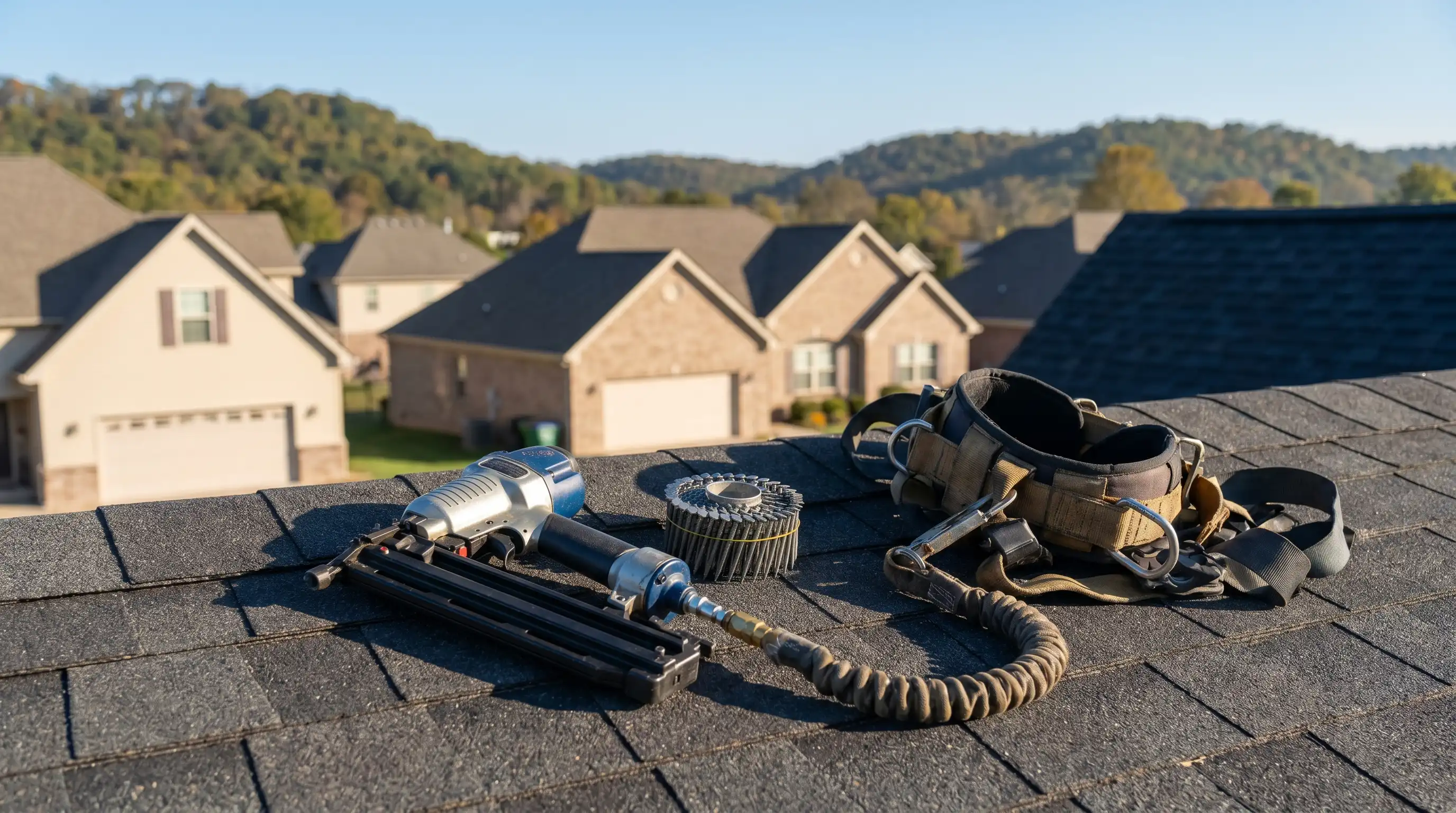 Professional roofing contractor installing architectural shingles on a suburban Rogers, AR home with Ozark hills in the background