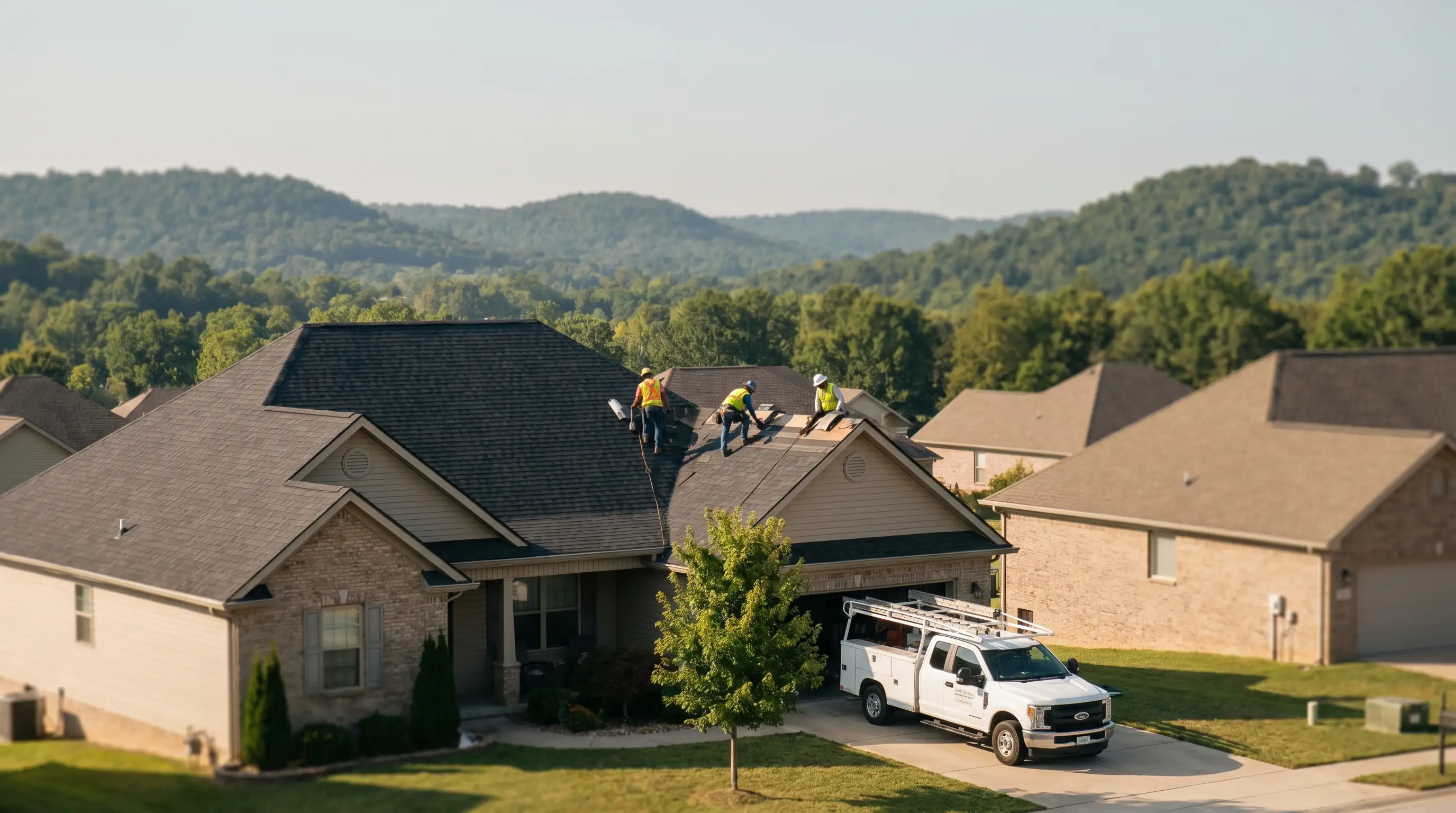 Professional roofing contractor installing architectural shingles on a suburban Rogers, AR home with Ozark hills in the background