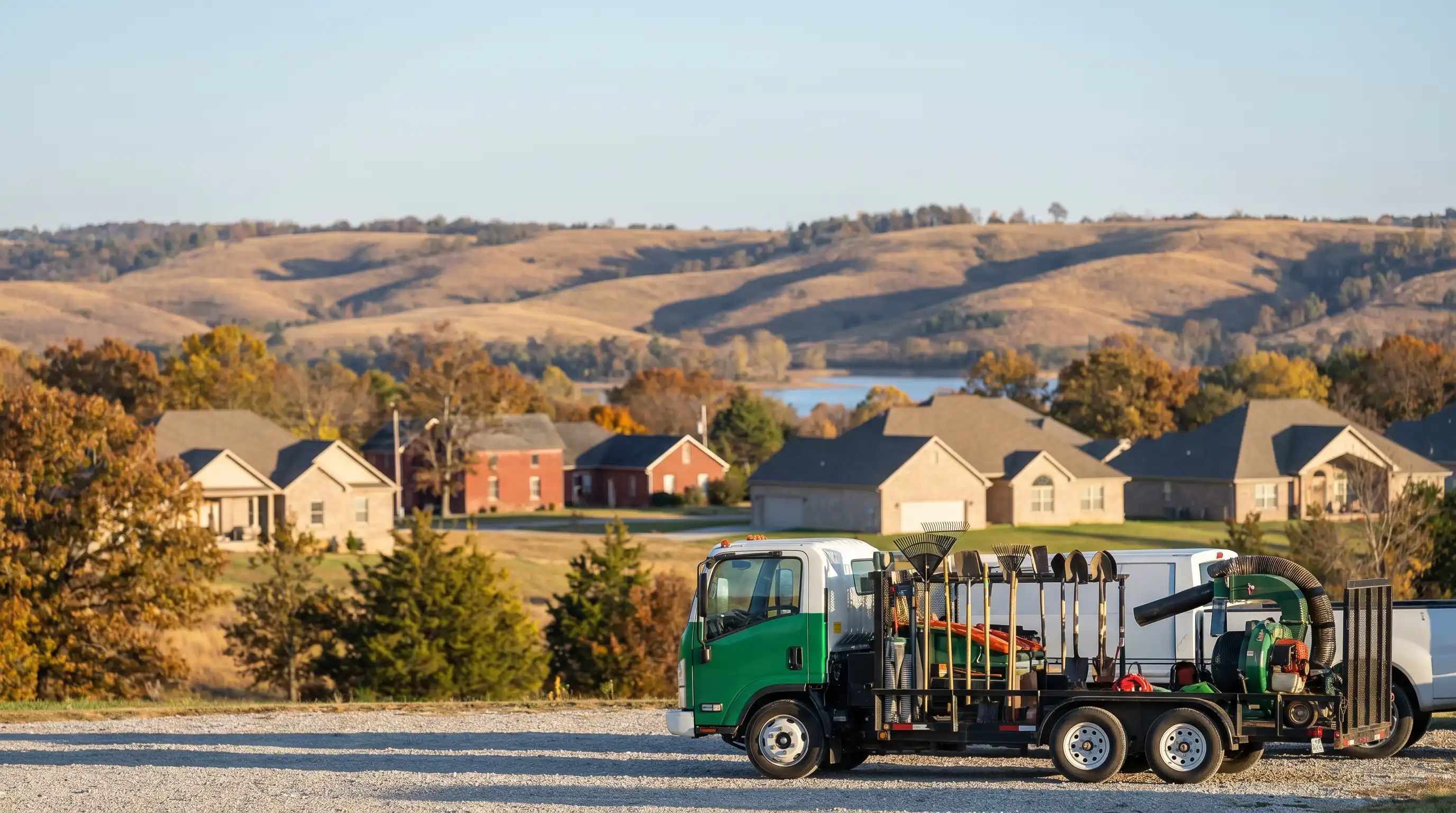 Professional landscaping crew member operating commercial lawn equipment on a striped residential yard in Rogers, AR with Ozark hills in the background