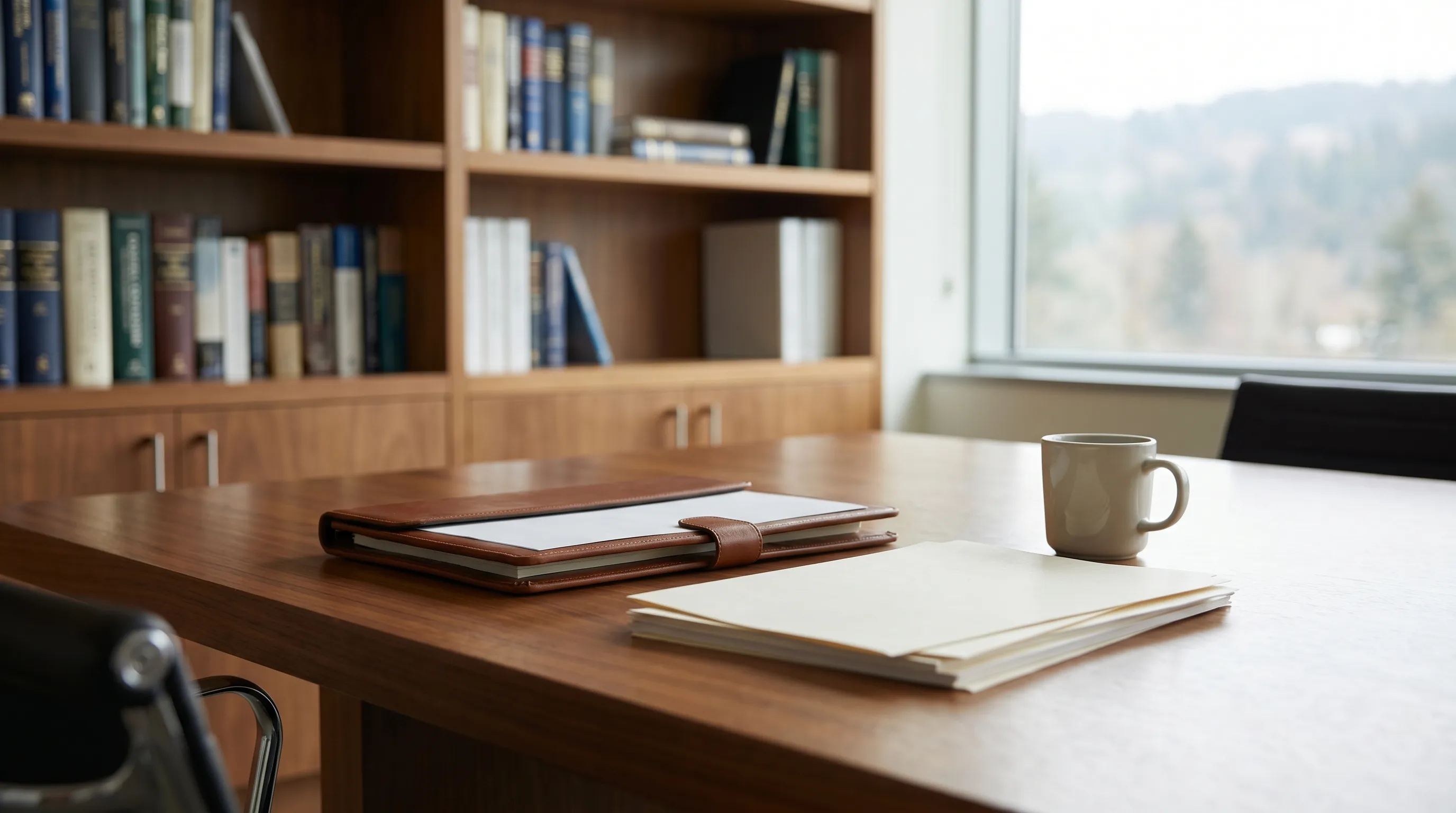 Professional attorney consulting with a client across a conference table in a Rogers, AR law office with legal books visible in the background