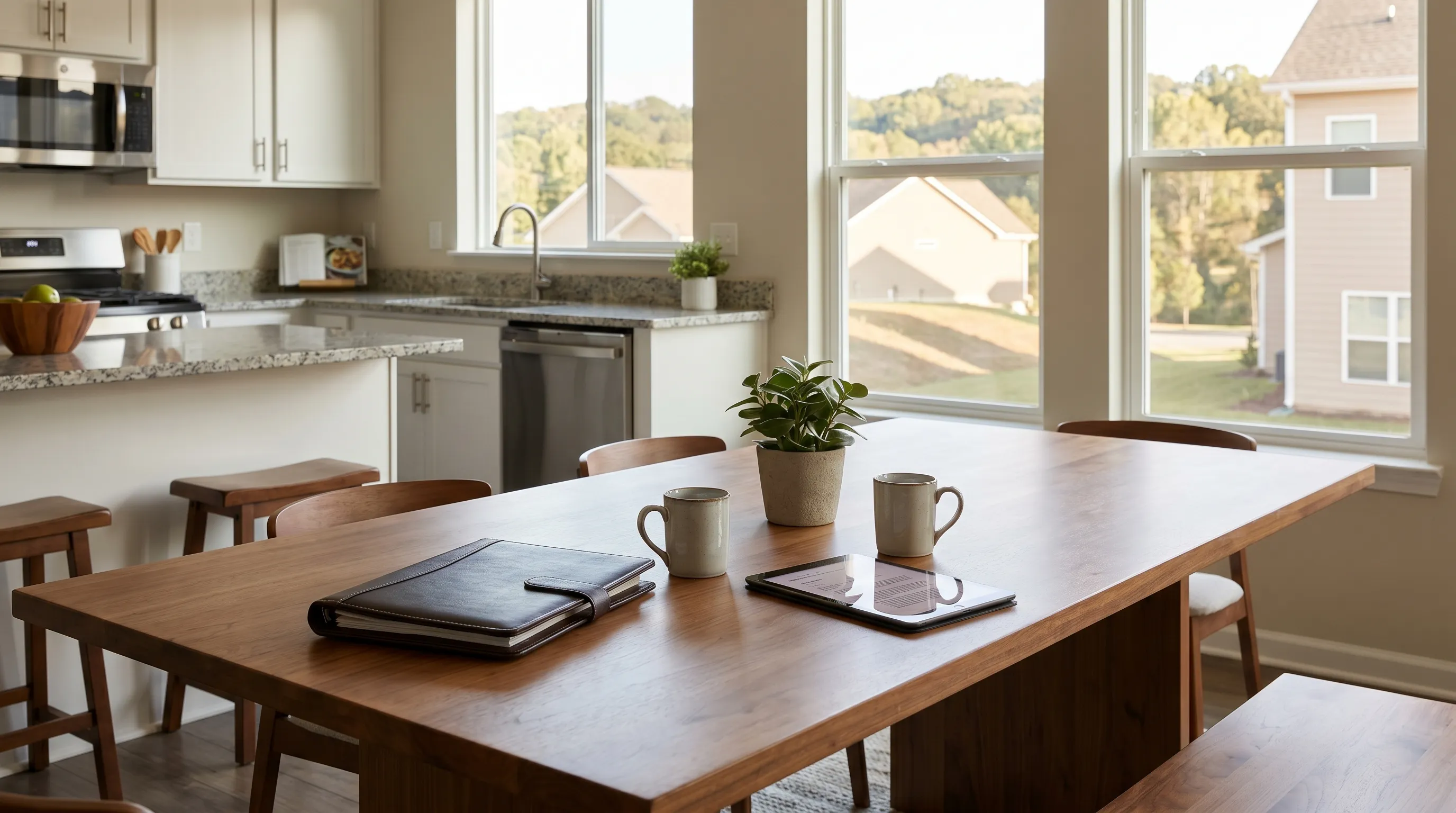 Professional real estate agent welcoming a couple to a two-story brick home in a new Rogers, AR subdivision with Ozark hills visible in the background