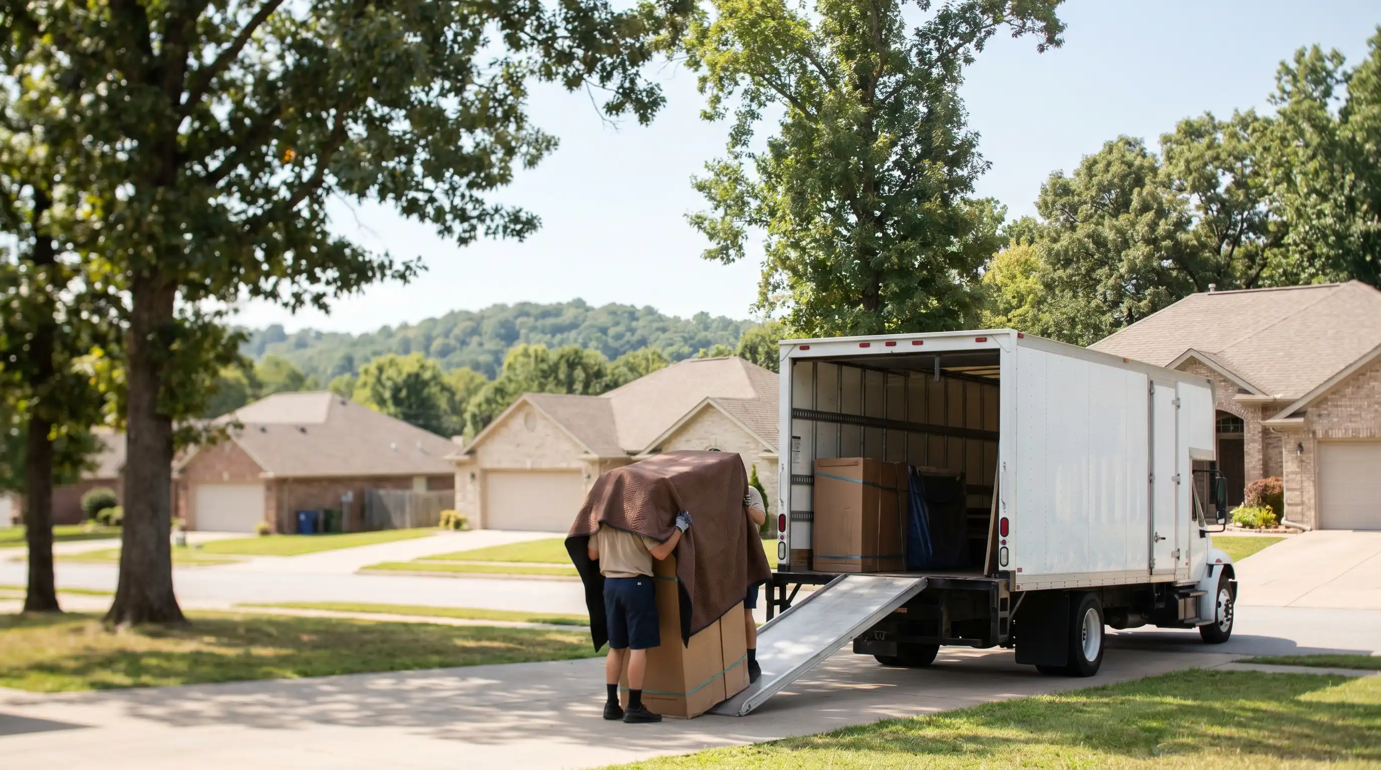 Professional moving crew in uniforms loading a branded moving truck outside a Rogers, AR suburban home with tree-lined street and Ozark hills in the background