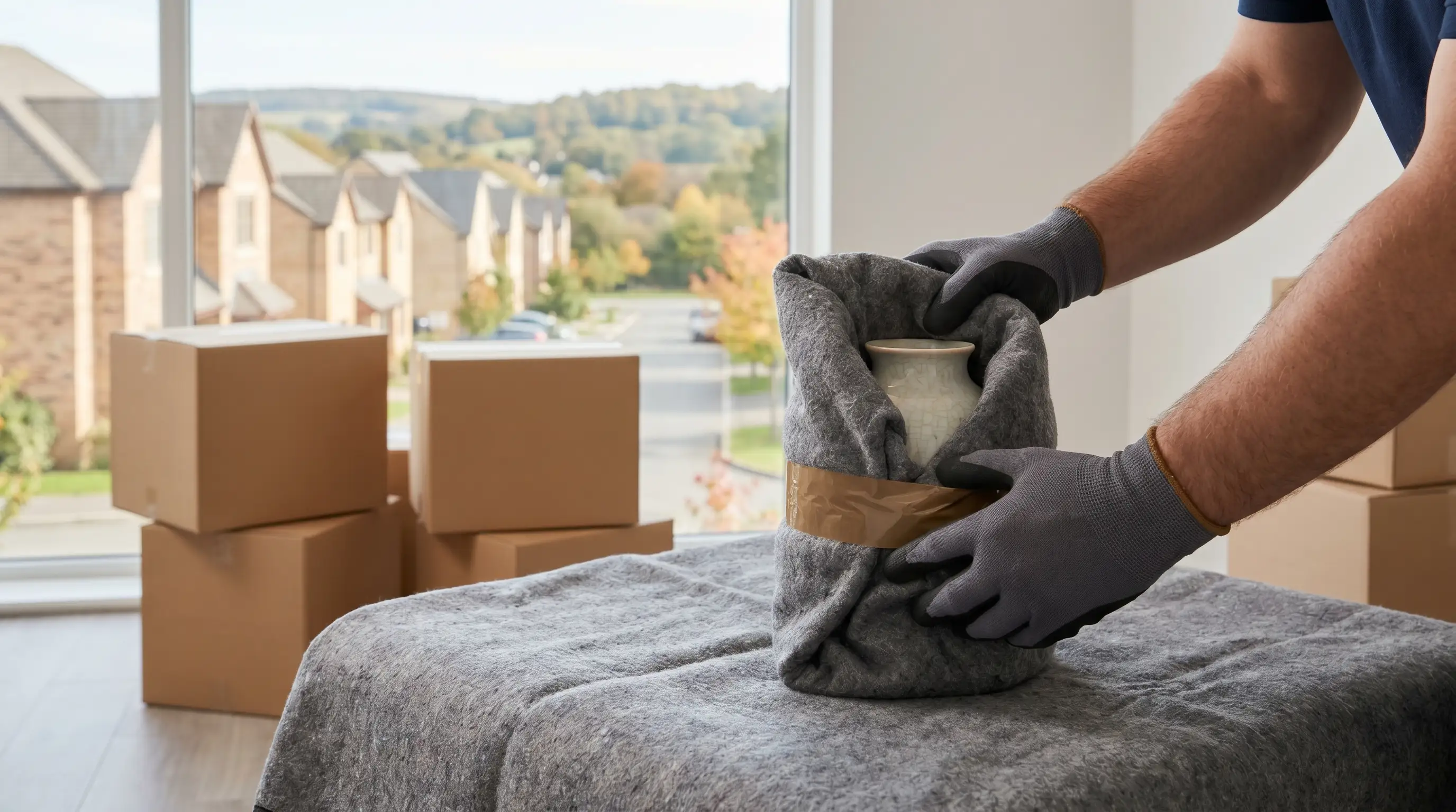 Professional moving crew in uniforms loading a branded moving truck outside a Rogers, AR suburban home with tree-lined street and Ozark hills in the background