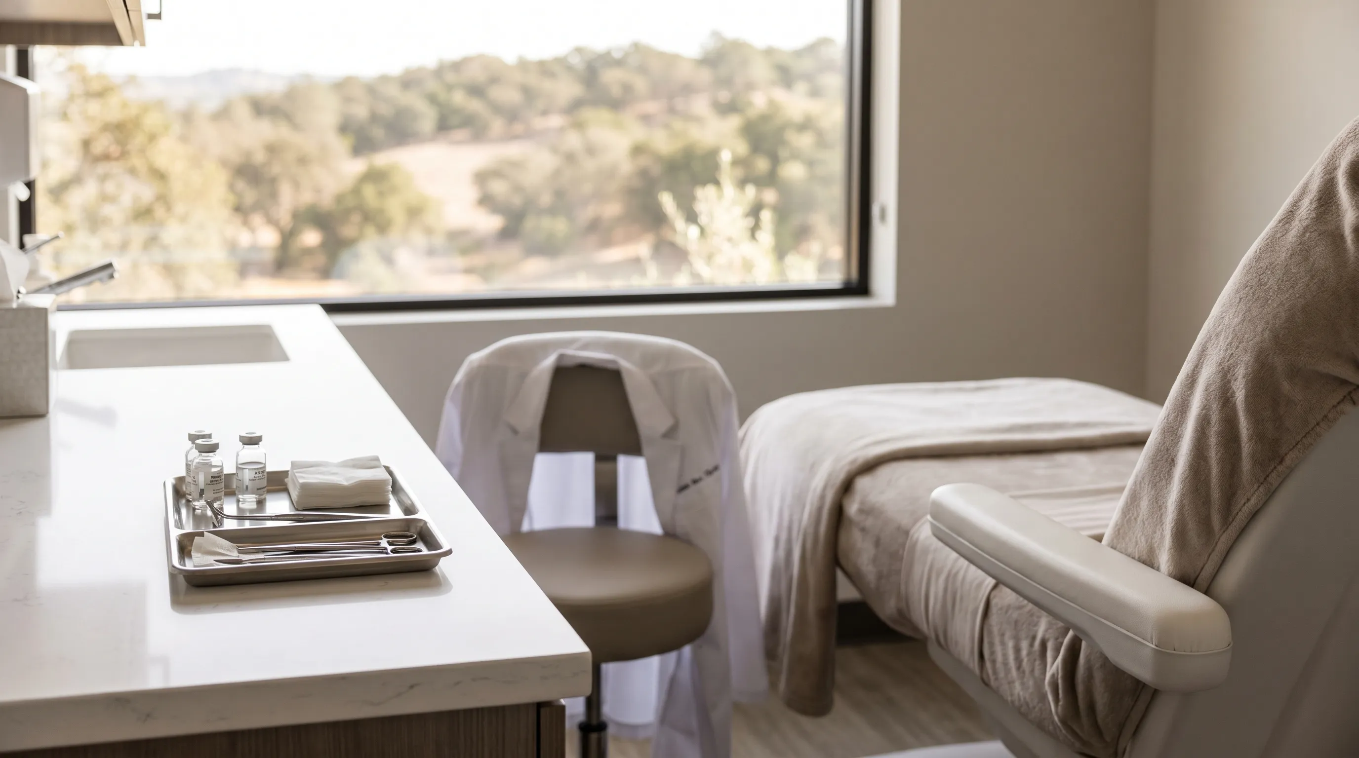 Medspa aesthetician in white lab coat administering injectable treatment to a relaxed female client in a modern Rogers, AR treatment room with clean white surfaces and professional clinical lighting
