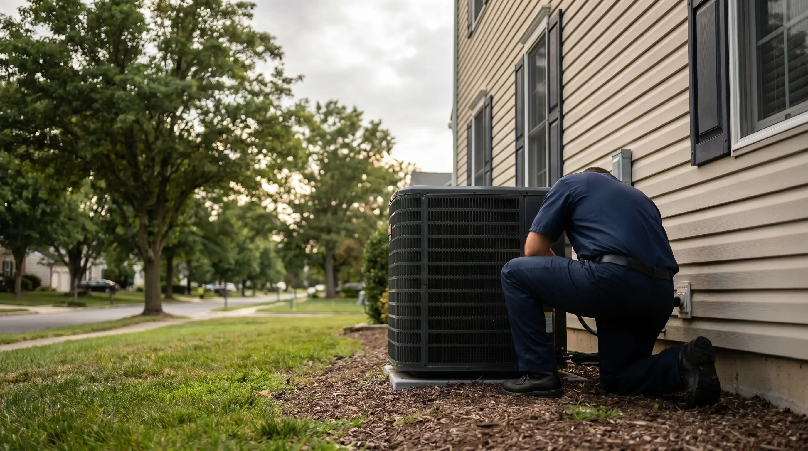 Professional HVAC technician servicing a residential system for HVAC businesses in Wilmington, DE