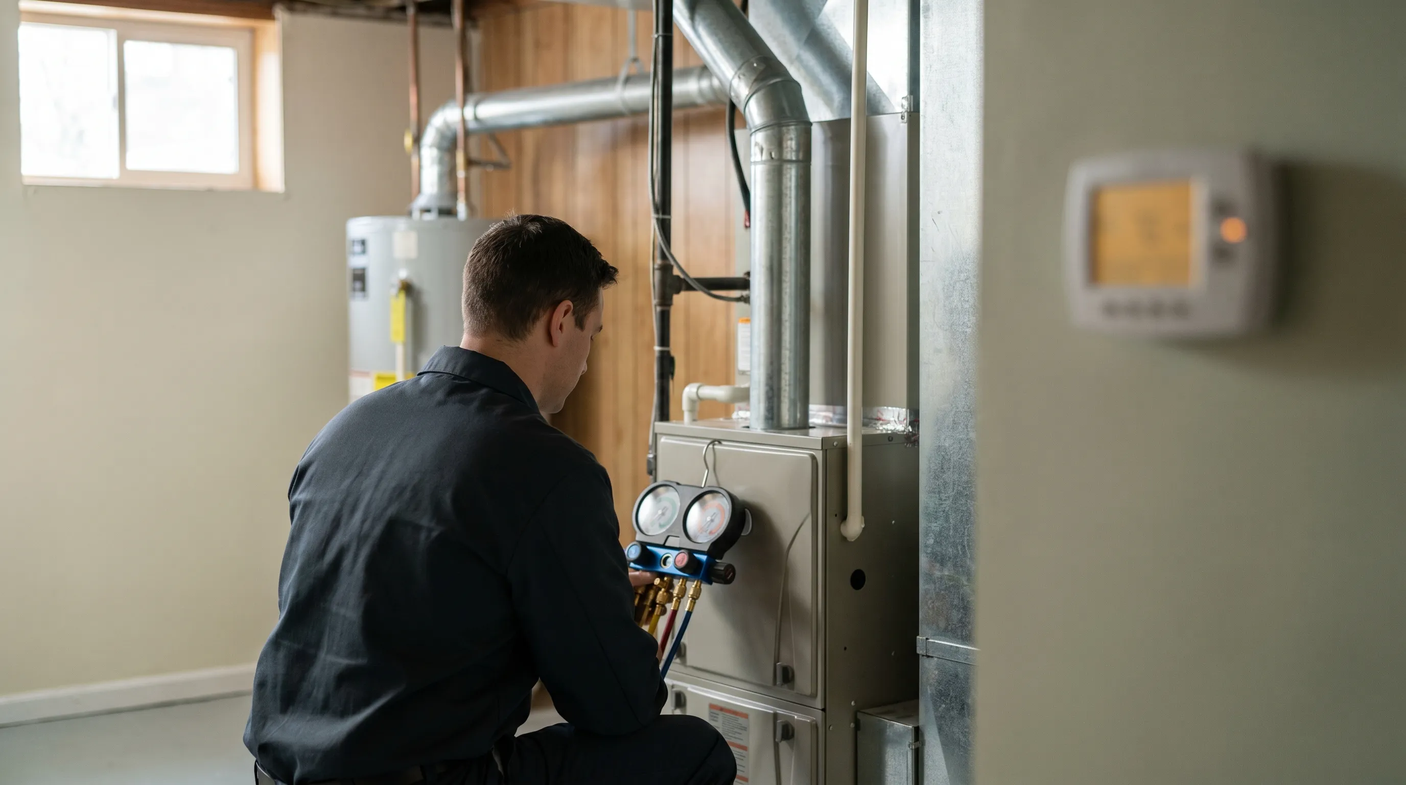 Professional HVAC technician servicing a residential system for HVAC businesses in Wilmington, DE