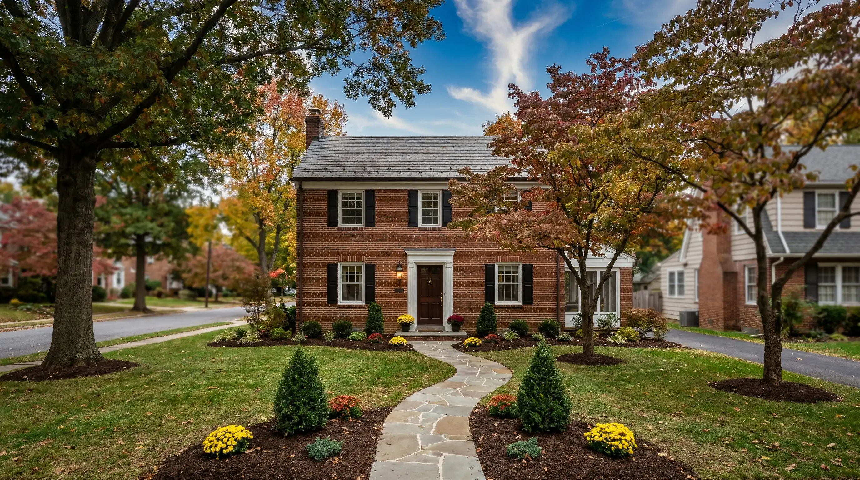Real estate agent handing house keys to buyers on the front stoop of a Delaware colonial home in Wilmington, representing successful PPC lead generation for local realtors