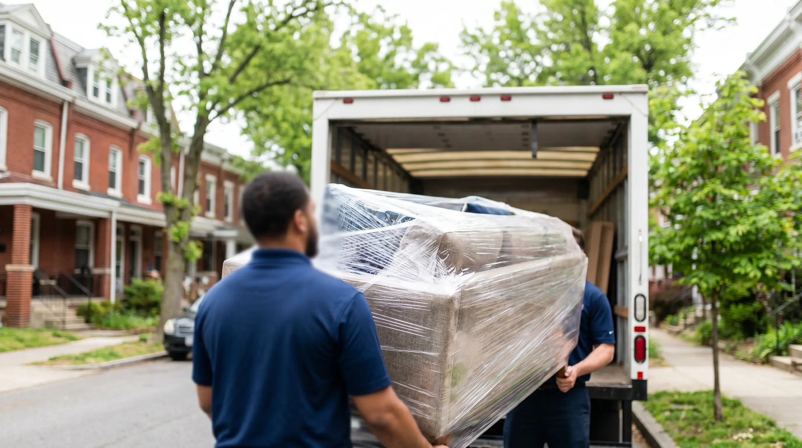 Moving crew loading wrapped furniture into a branded white moving truck on a Wilmington, DE residential street with red brick row houses in the background — professional moving and storage company serving New Castle County.
