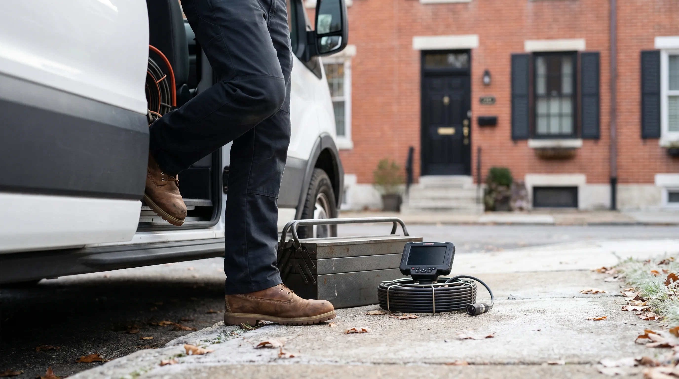 Licensed plumber in branded uniform stepping out of a service van in front of a Wilmington DE brick row house on a crisp autumn morning, carrying tools for a residential plumbing call